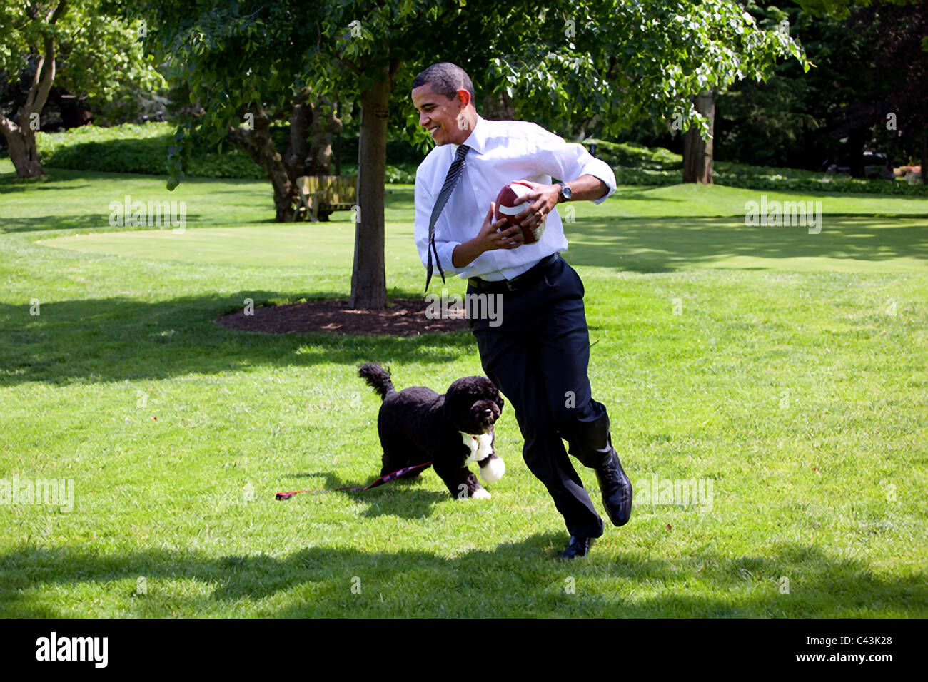 Le président Barack Obama, avec le chien de la famille Bo, jouer au football sur la pelouse Sud de la Maison Blanche le 12 mai 2009. Banque D'Images