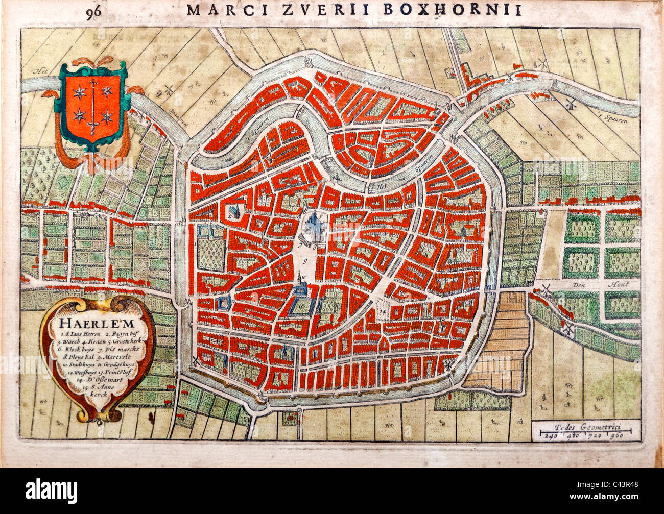 Plan de ville gravée Haarlem Pays-Bas par Marcus Boxhorn 1634 JMH4953 Banque D'Images