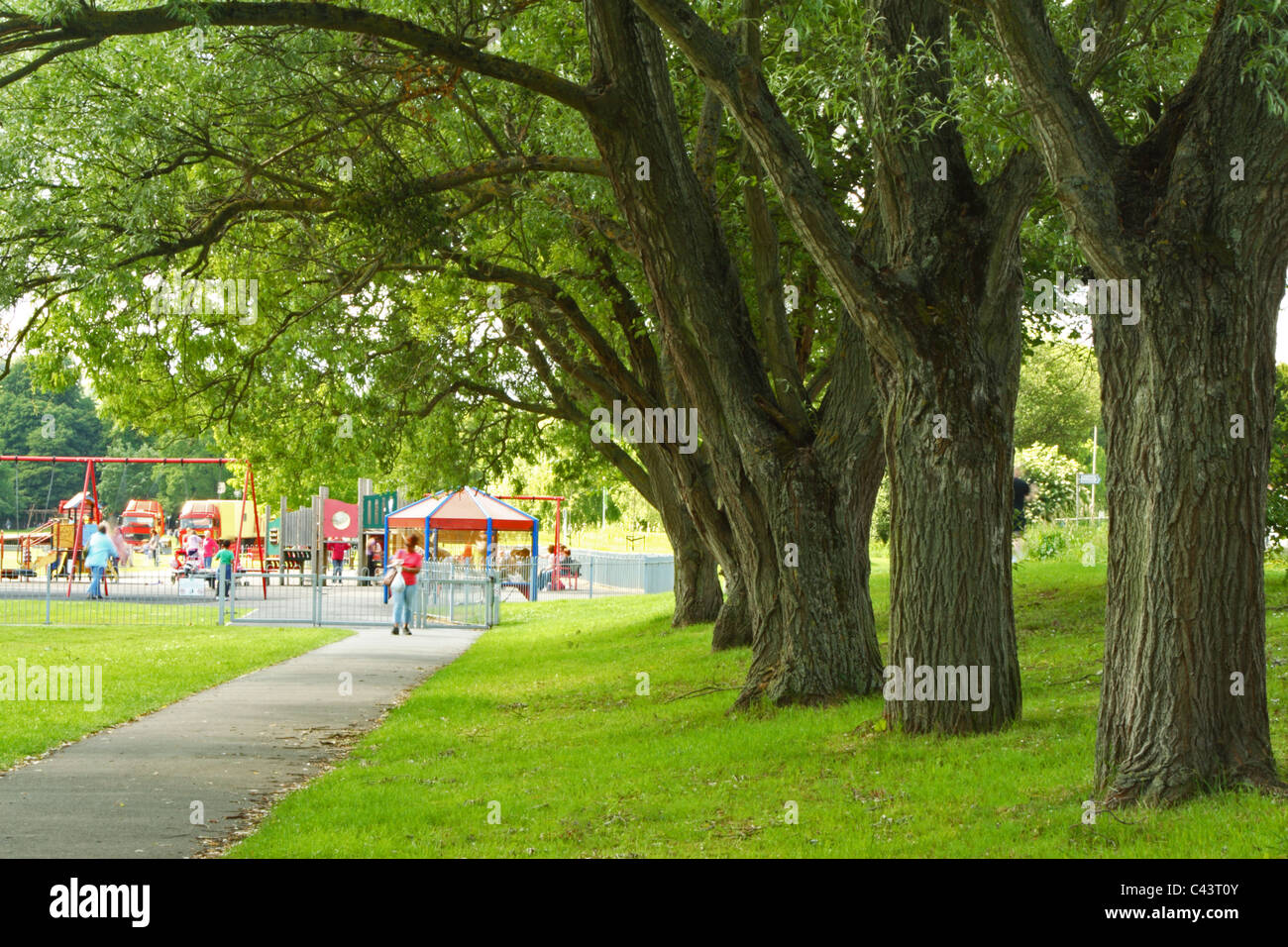 Des rangées d'arbres menant à une aire de jeux pour enfants sur le seigle, High Wycombe, Buckinghamshire, Royaume-Uni Banque D'Images