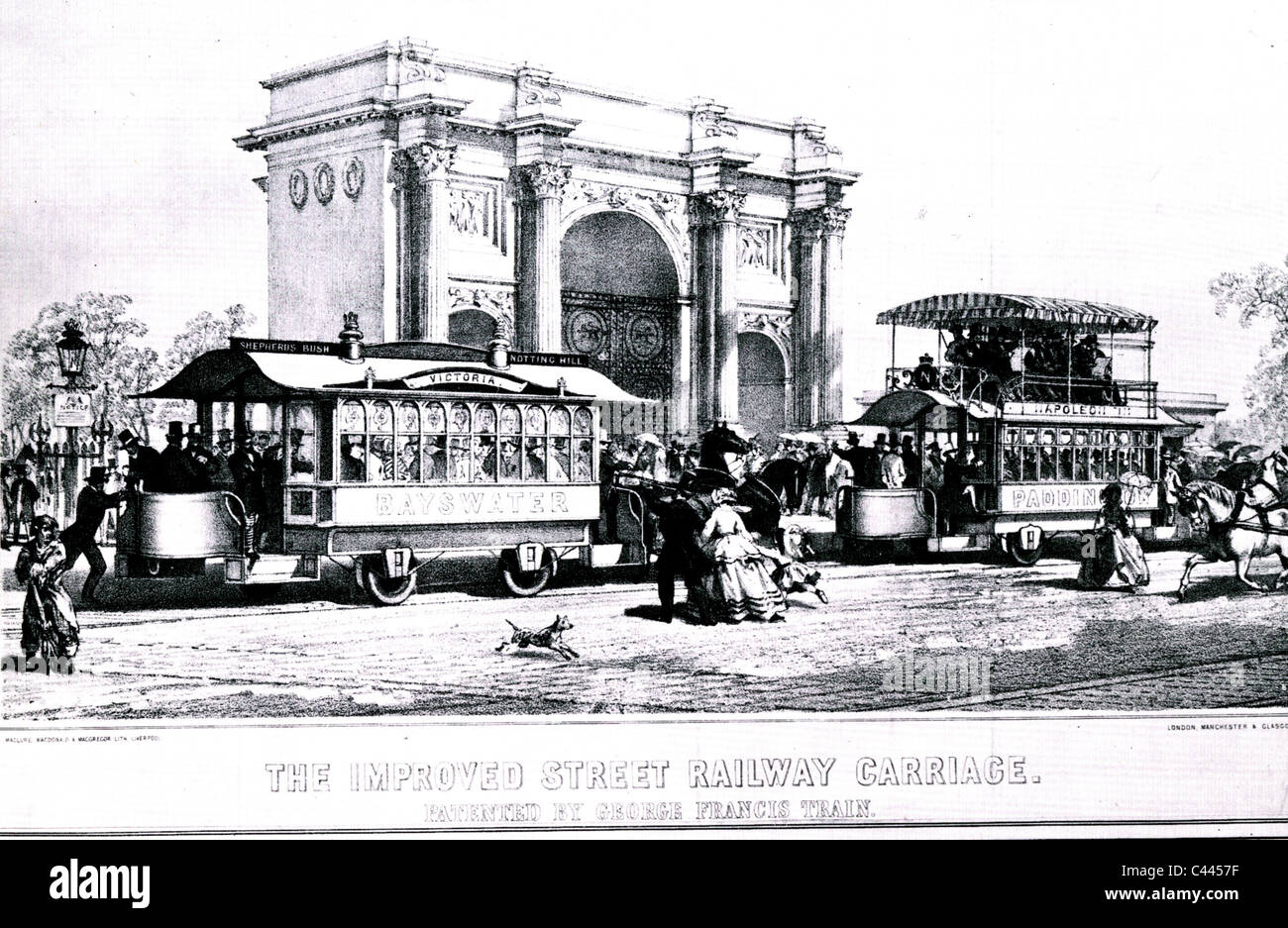 GEORGE FRANCIS TRAIN (1829-1904) excentrique qui nous a conçu ces tramways tirés par des chevaux présentés à Marble Arch, London, en 1861 Banque D'Images GEORGE FRANCIS TRAIN (1829-1904) excentrique qui nous a conçu ces tramways tirés par des chevaux présentés à Marble Arch, London, en 1861 Banque D'Images