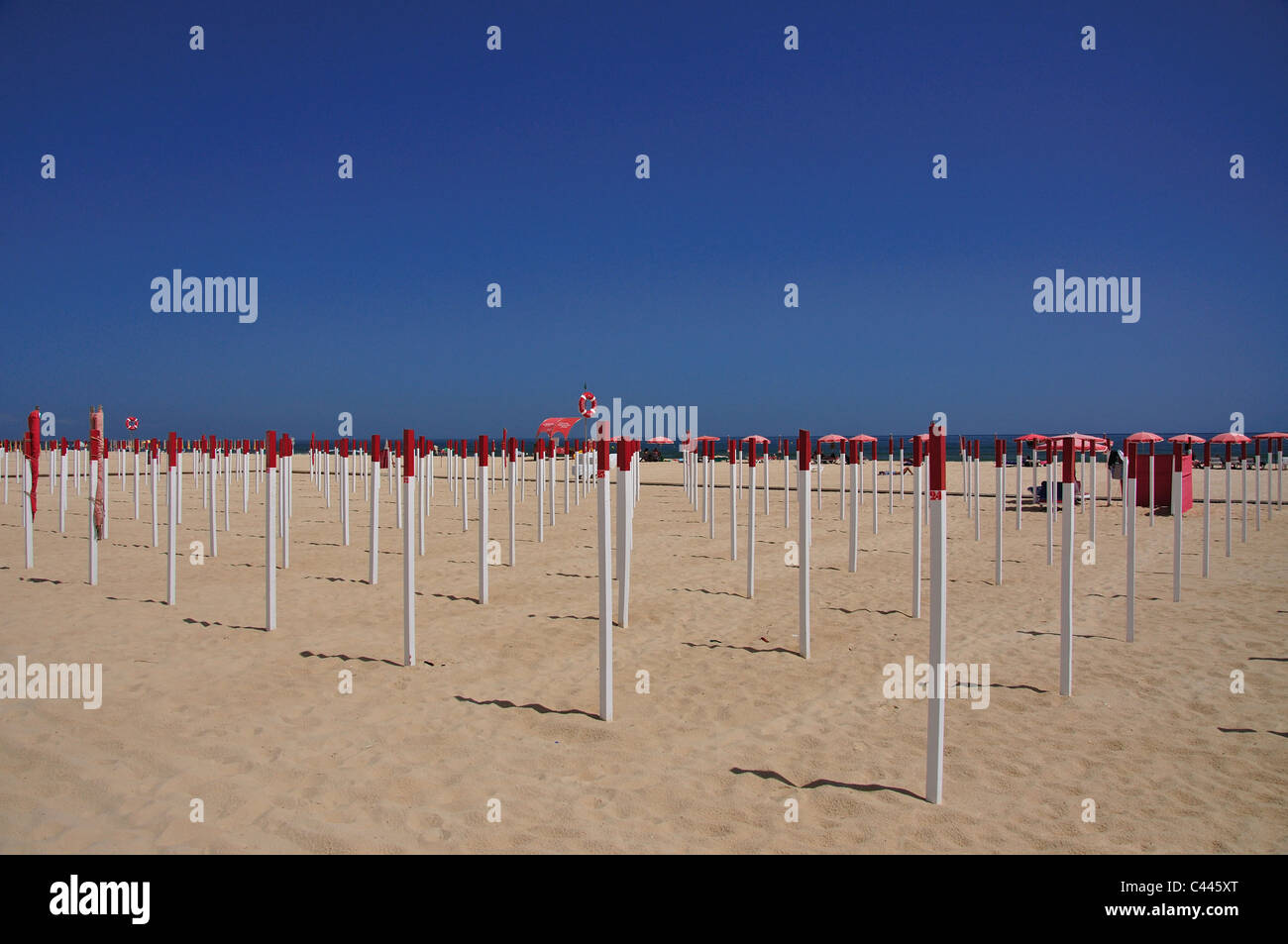 Rangées de piquets de parasol sur la plage, Monte Gordo, Vila Real de Santo António, Municipalité du district de Faro, Algarve, Portugal Banque D'Images