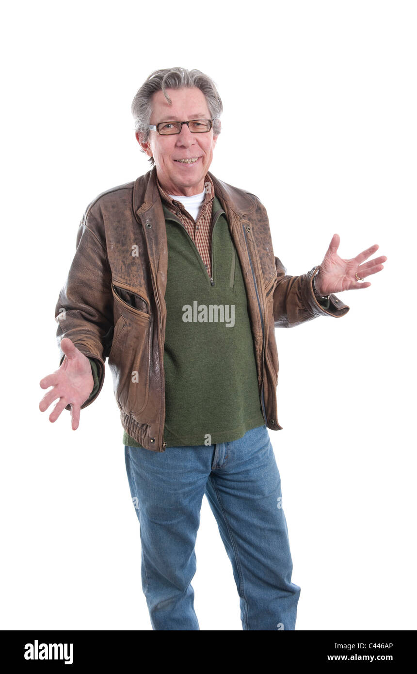 Studio shot, libération, sourire, cut-out, l'arrière-plan blanc, portrait, homme, lunettes, veste, manteau, geste, l'âge moyen, vieille personne, 5 Banque D'Images