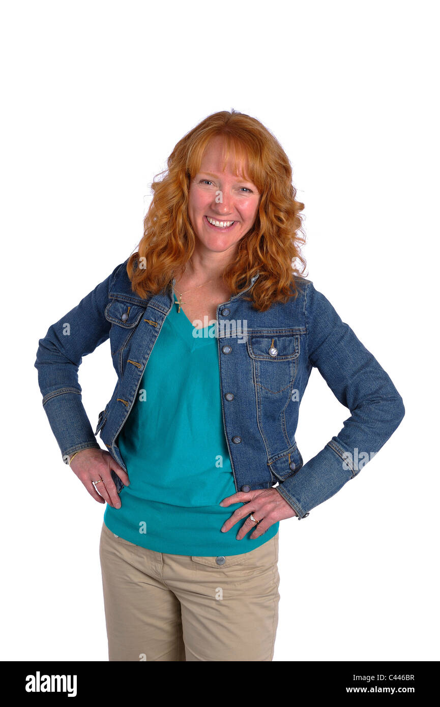 Studio shot, libération, sourire, cut-out, l'arrière-plan blanc, portrait, femme, les cheveux rouges, serrures rire, heureusement, Viper, red-hair Banque D'Images