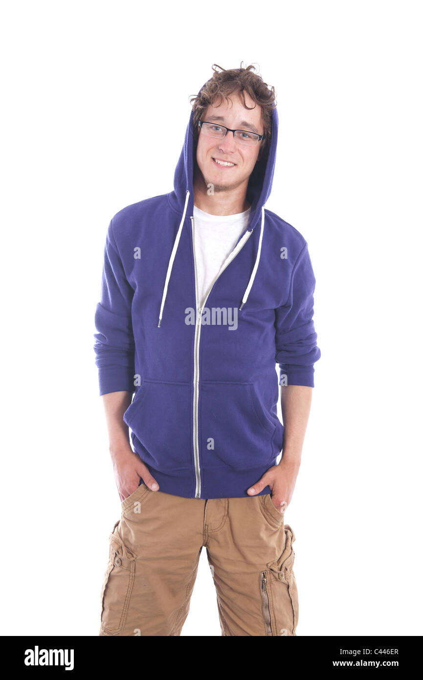 Studio Shot, version, cut-out, d'arrière-plan blanc, portrait, homme, jeune, pull à capuche, Hood, lunettes, oeil, oeil, en appareil photo, Banque D'Images