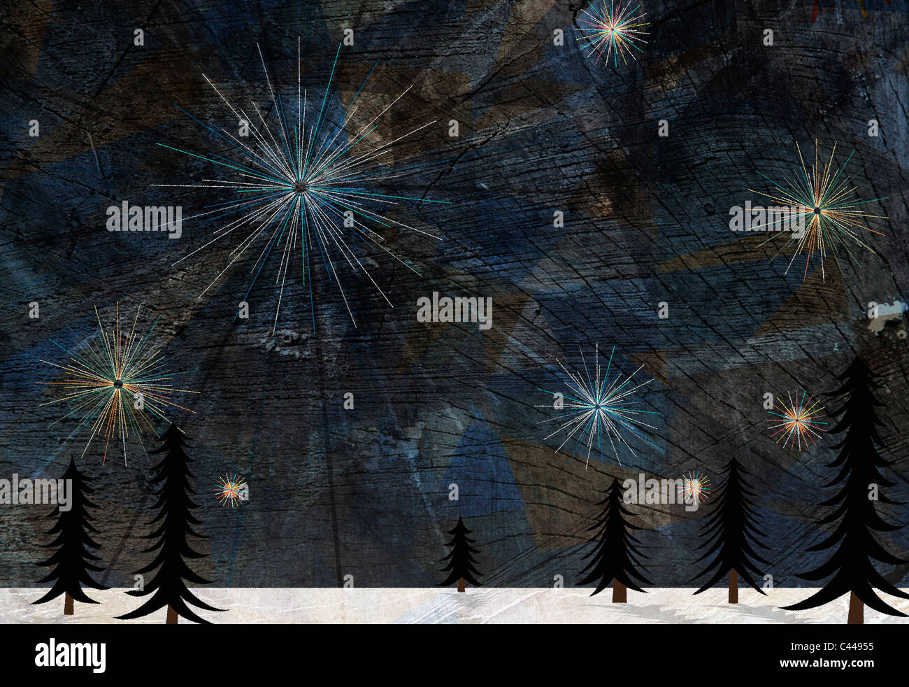 Étoile brillait dans le ciel au-dessus des pins et de la neige au sol Banque D'Images
