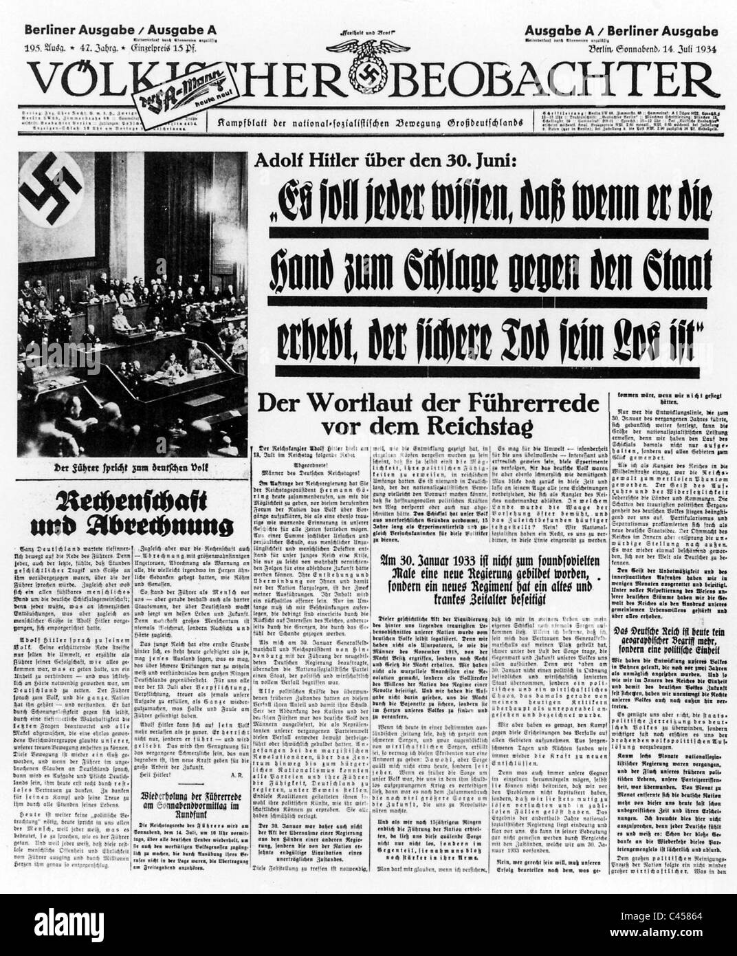 Première page du journal ' Voelkischer Beobachter', 1934 Banque D'Images