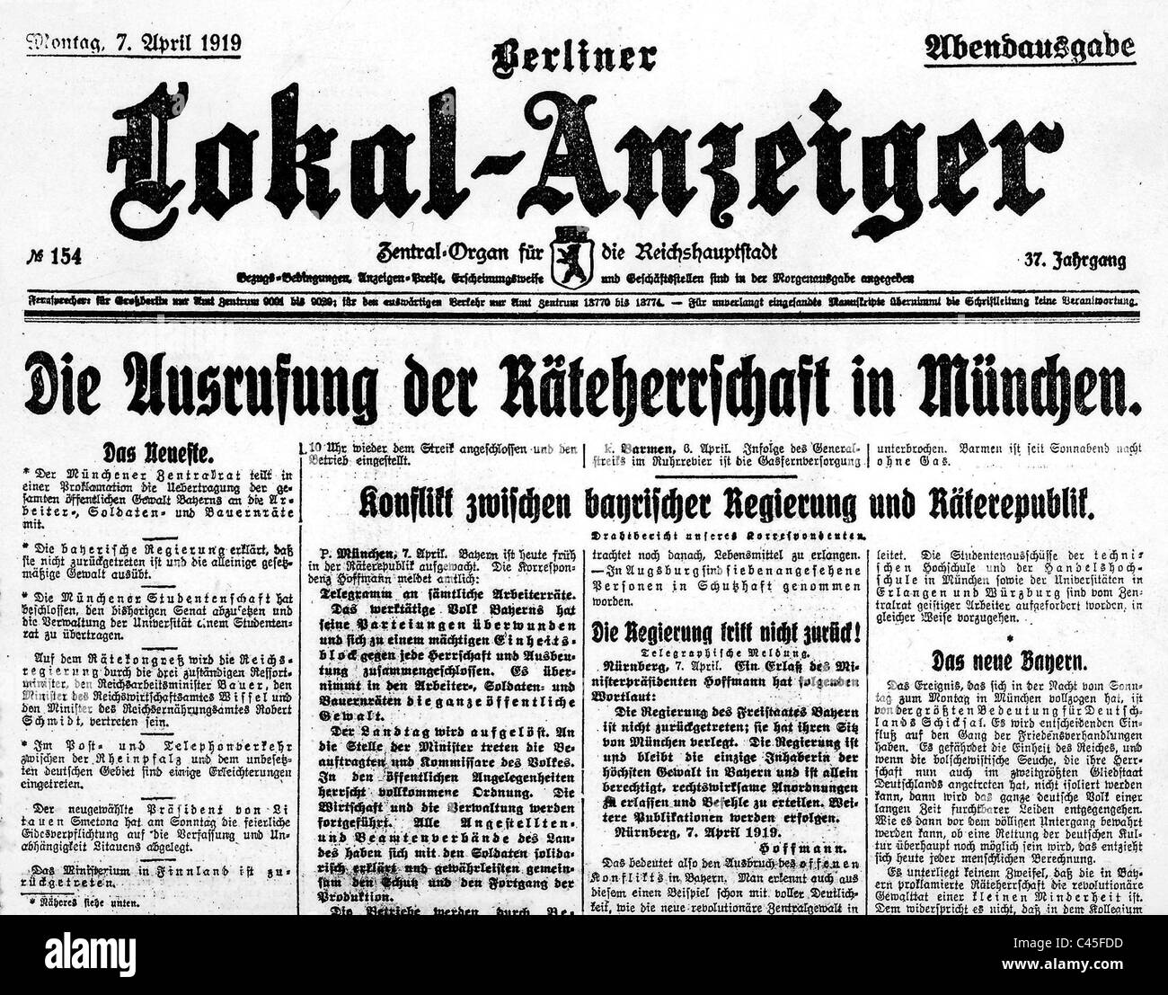 Première page de la 'Berlin' Lokalanzeiger annonçant la République soviétique de Bavière Banque D'Images