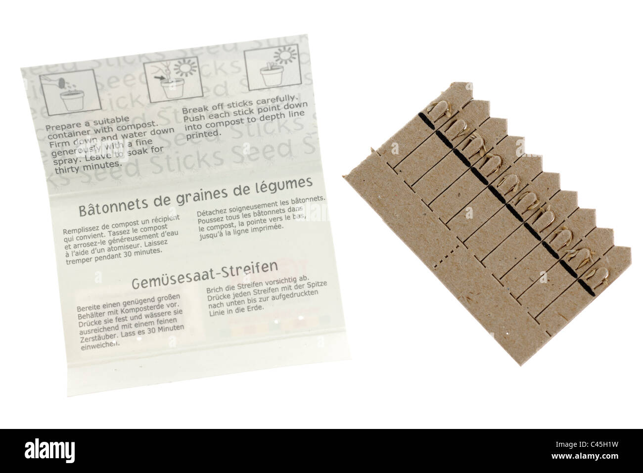Des instructions sur la manière de planter des graines de laitue petit bijou de bâtons Banque D'Images