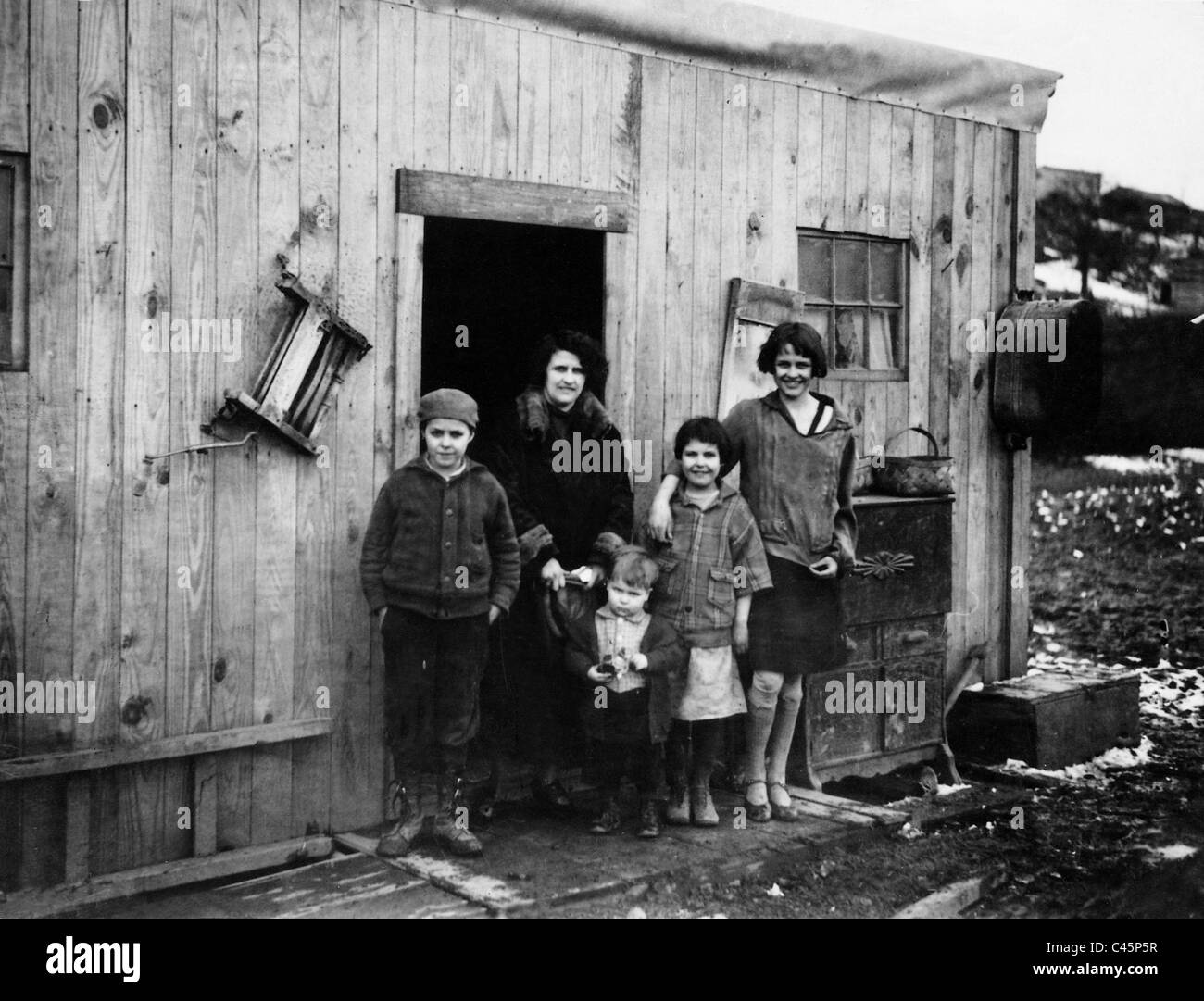 Famille dans un bidonville de Pittsburgh au cours de la Grande Dépression Banque D'Images