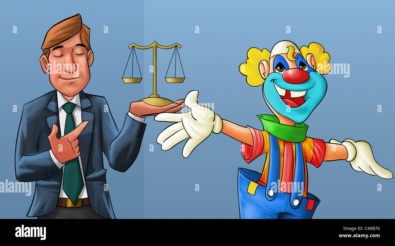 Smiling clown et un avocat avec ses yeux fermés derrière lui Banque D'Images