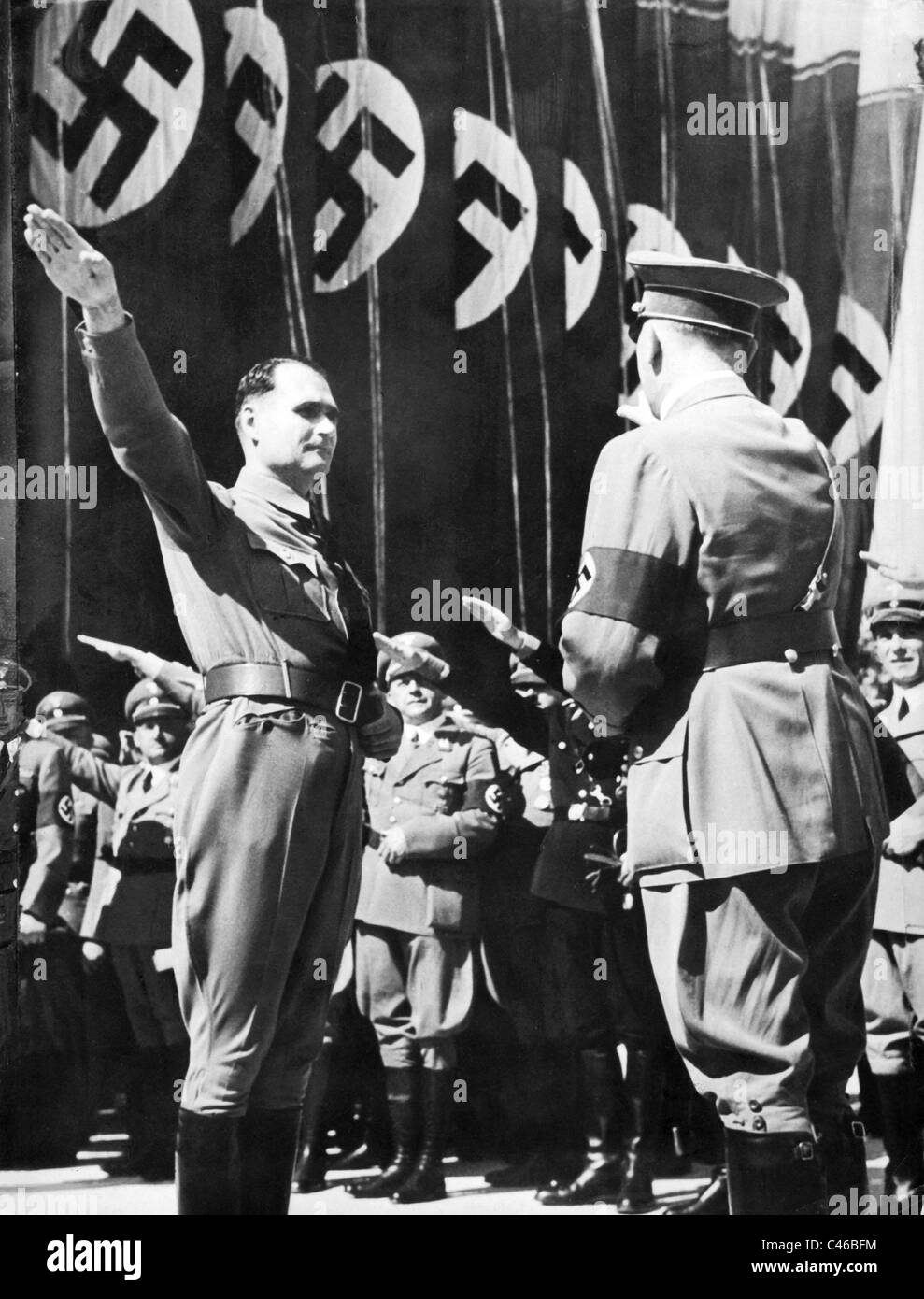 Rudolf Hess Adolf Hitler accueille sur le congrès de Nuremberg, 1938 Banque D'Images