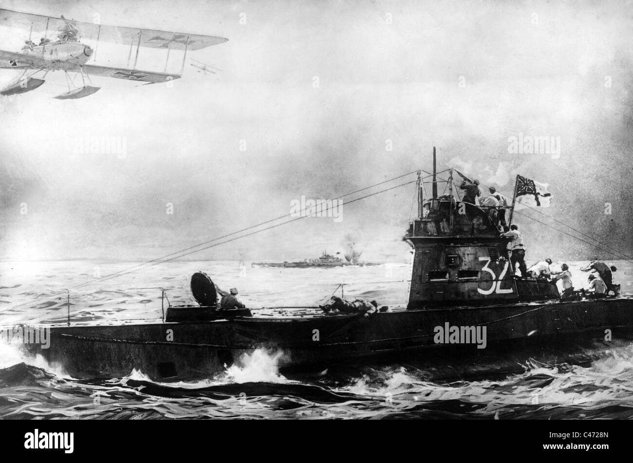 Les avions allemands attaquent un sous-marin britannique, 1918 Banque D'Images