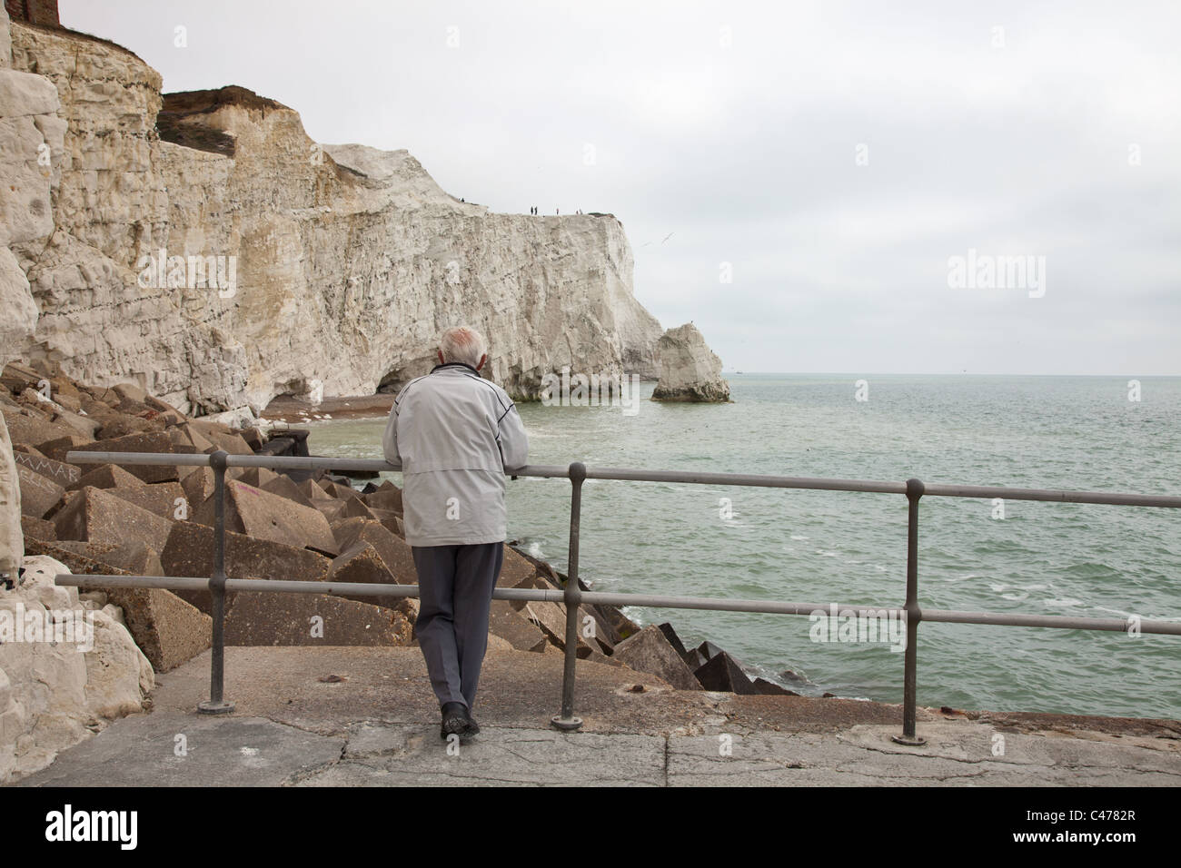 Old man looking at White Cliffs de Seaford, UK Banque D'Images