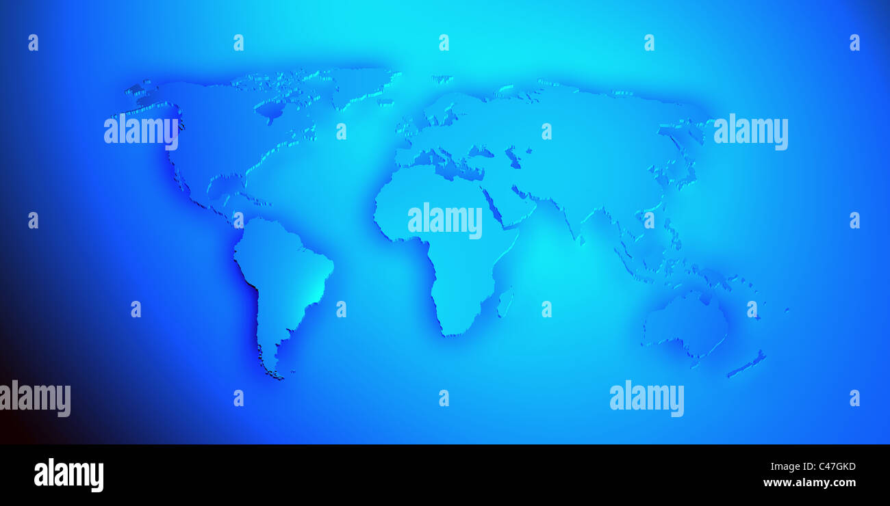 Carte du monde 3D render avec les différents continents en bleu Banque D'Images