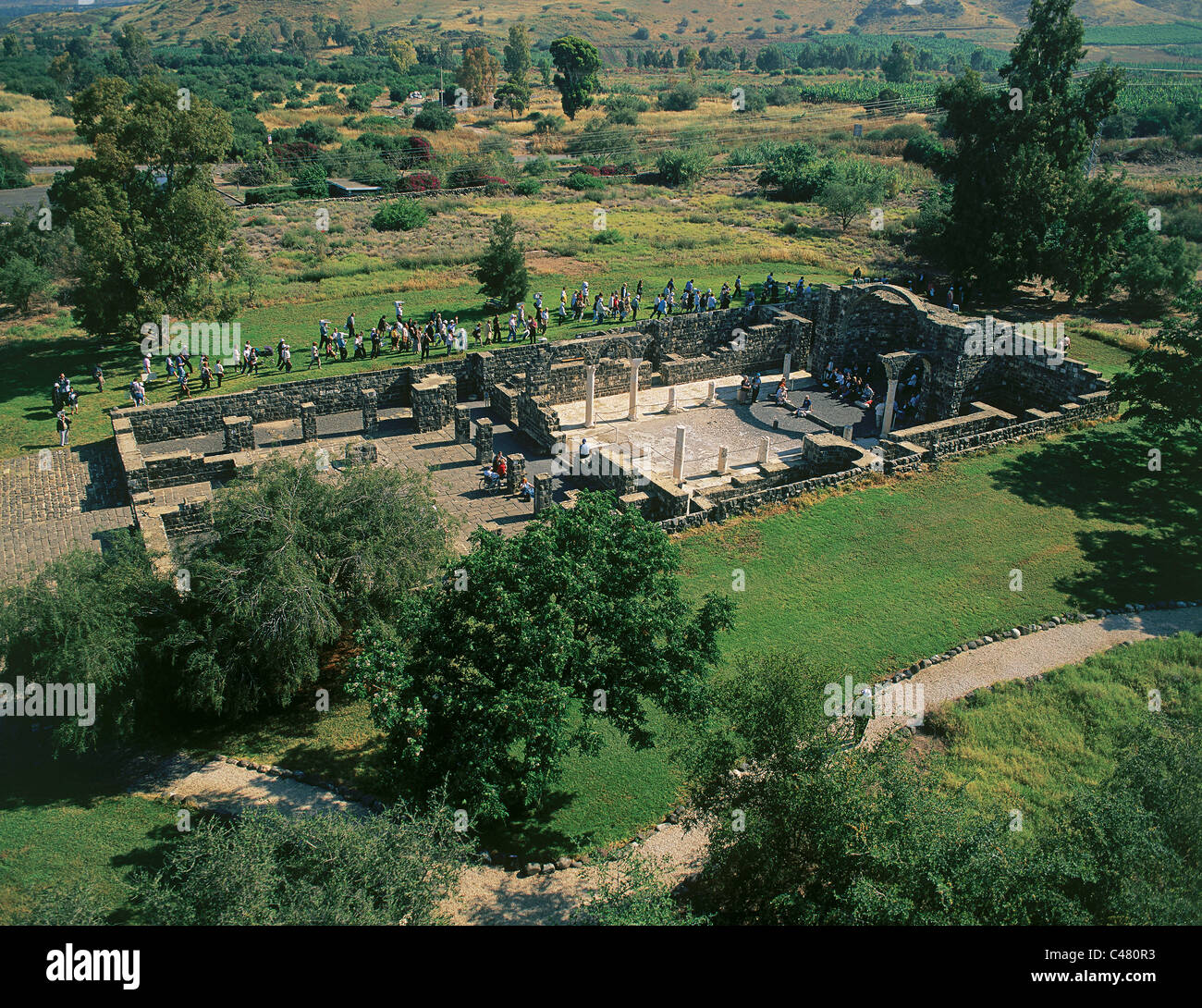 Photographie aérienne du monastère byzantin à Kursi Banque D'Images