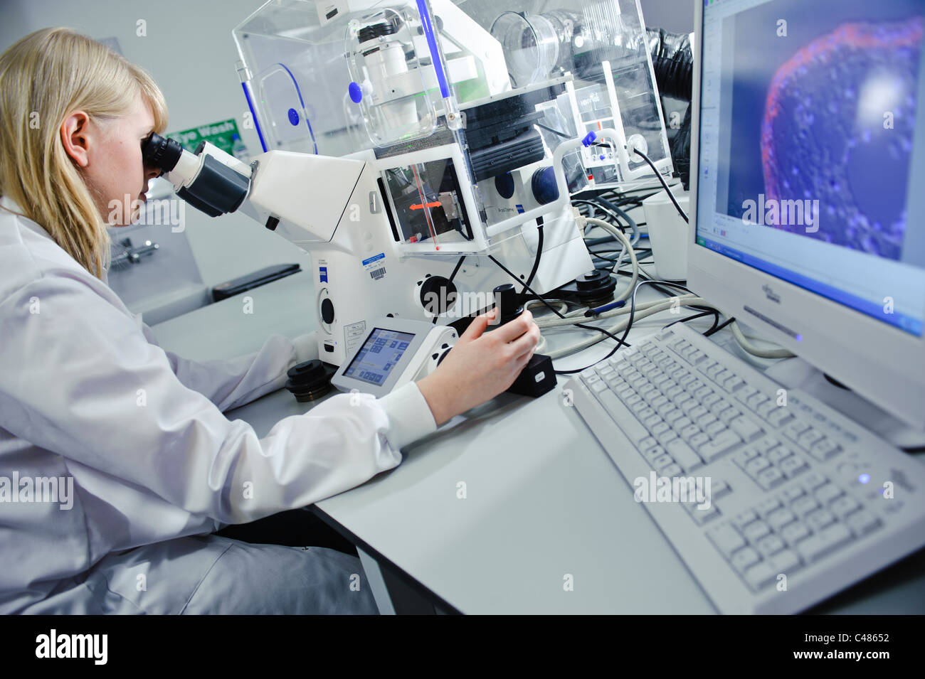 Jeune blonde female scientist sarrau blanc puissant microscope dans un laboratoire de sciences bien éclairée sur l'écran de l'ordinateur des images de cellules Banque D'Images