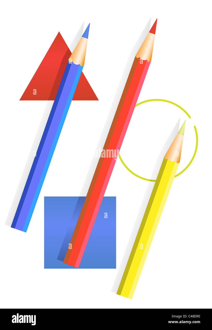 Les trois crayons de couleur sur papier avec des figures géométriques Banque D'Images