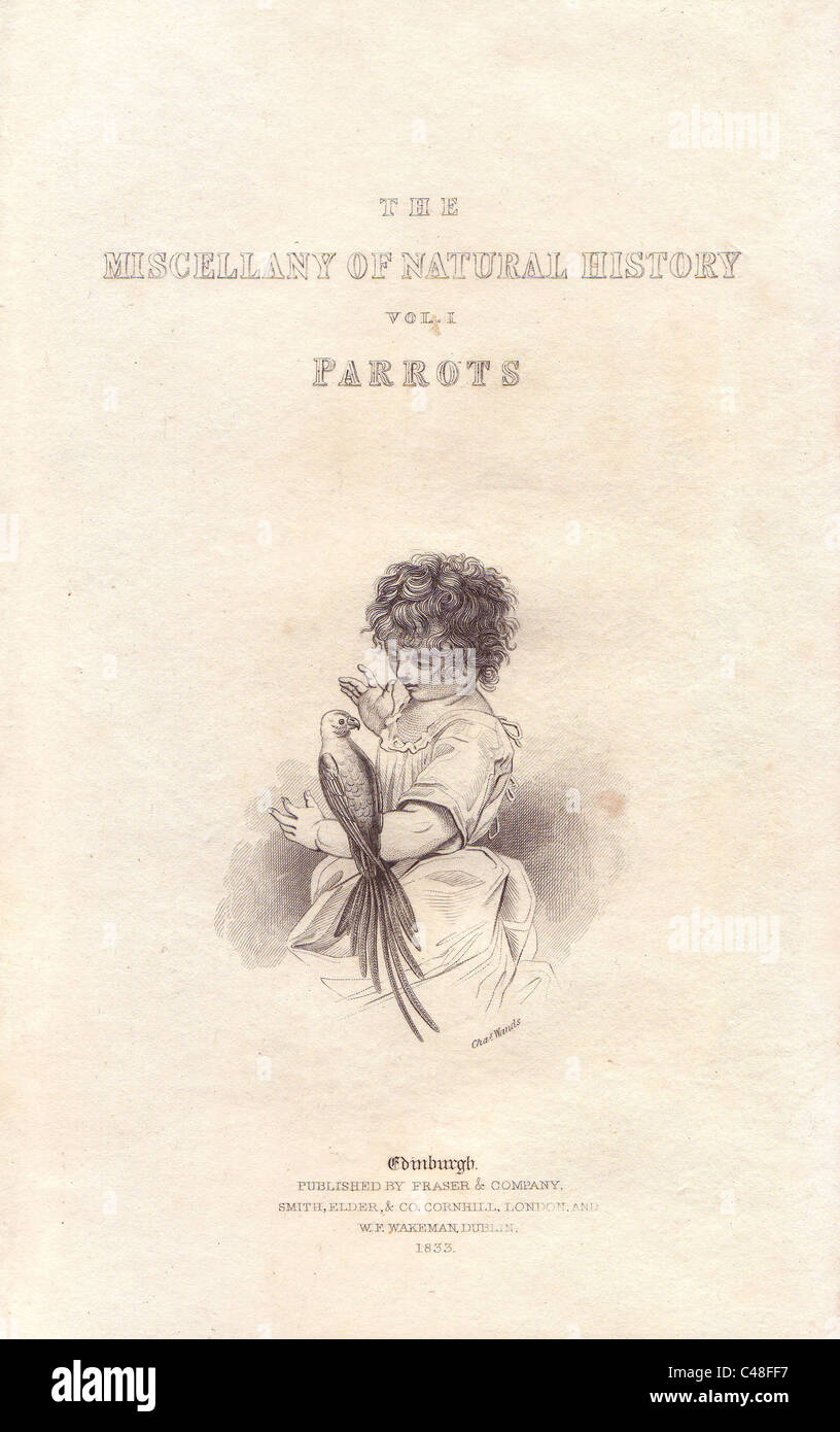 Page de titre avec gravure sur acier par Charles baguettes d'une jeune fille d'un perroquet. Banque D'Images