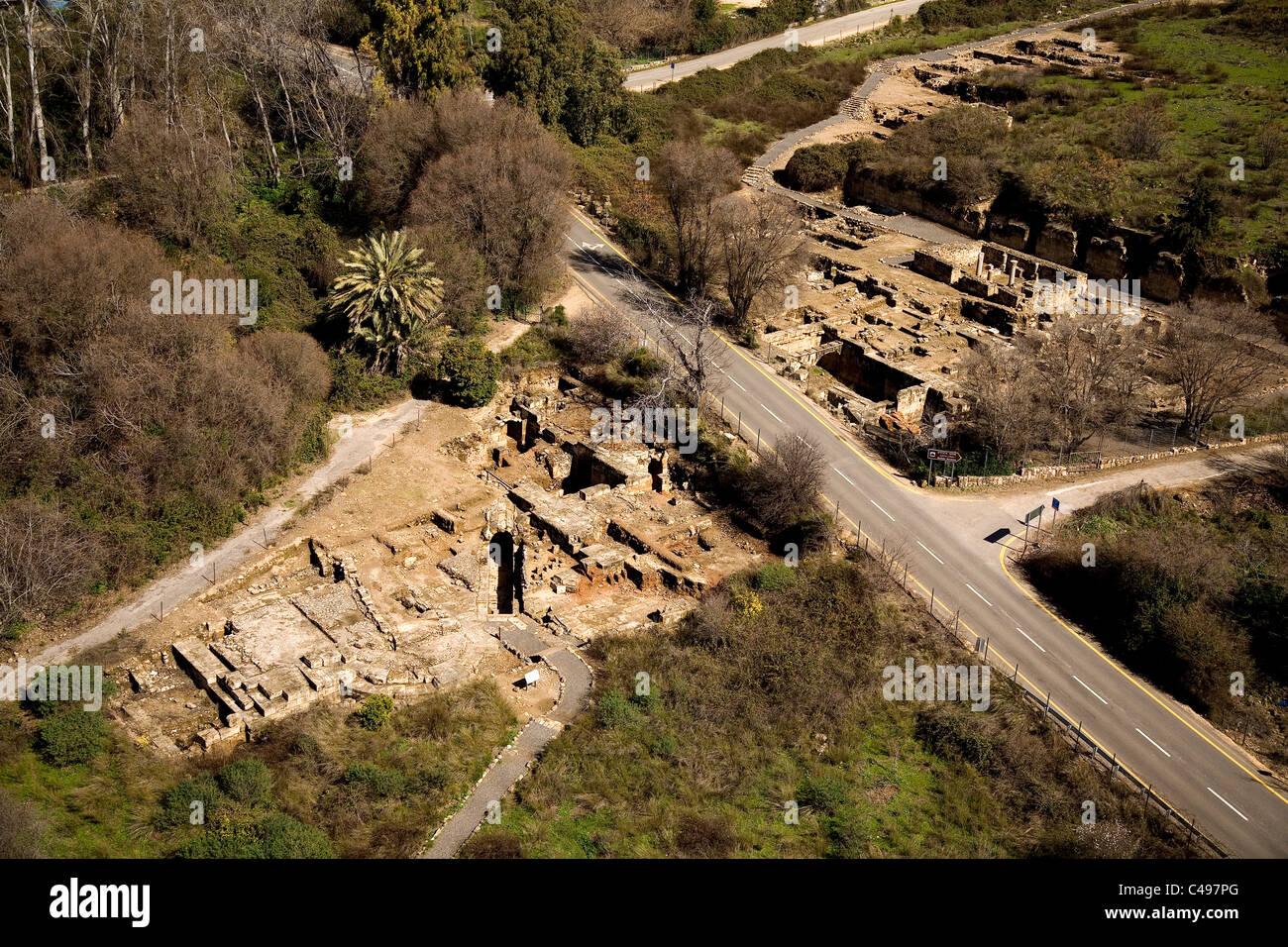 Photographie aérienne des ruines de la ville romaine Banias dans le nord du Golan Heights Banque D'Images