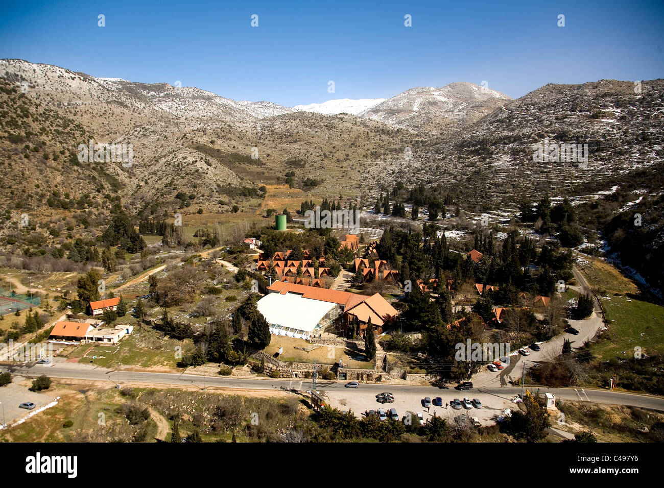 Photo aérienne du village Neve Ativ dans le nord du Golan Heights Banque D'Images