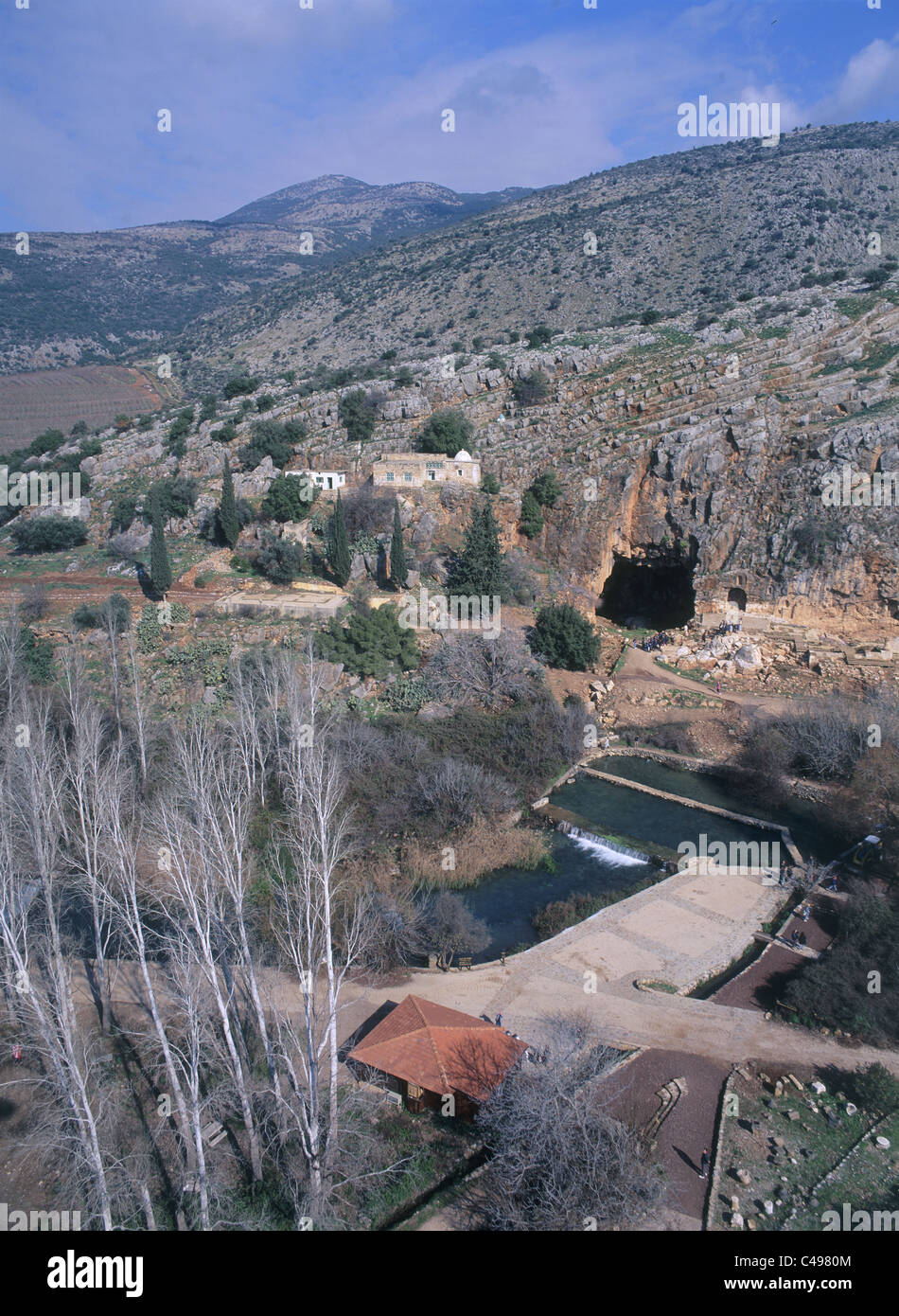 Photographie aérienne des ruines de la ville romaine de Banias dans le nord du Golan Heights Banque D'Images