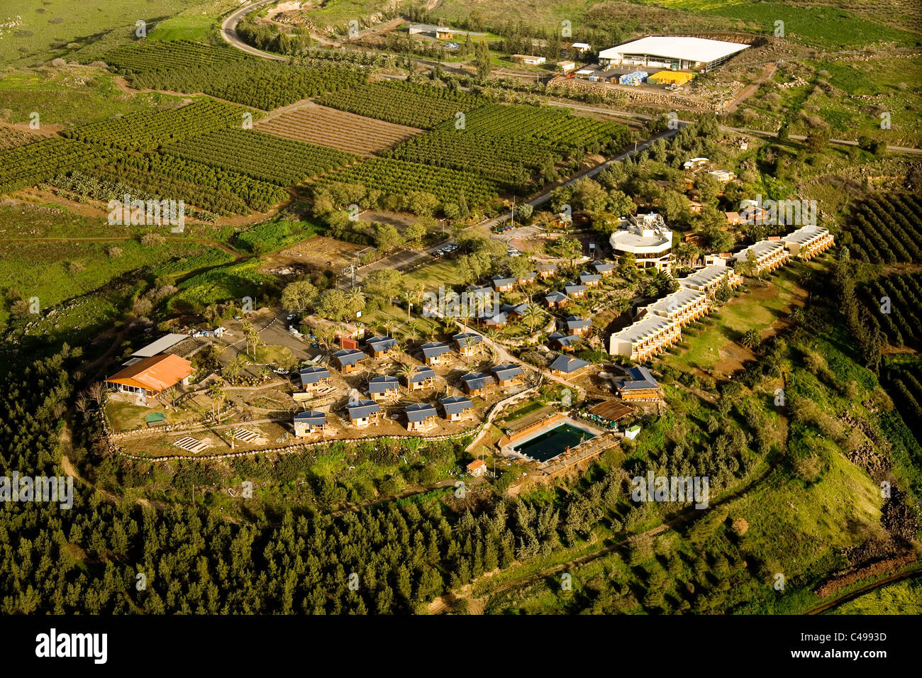 Photographie aérienne du Ramot guest house dans le sud du plateau du Golan Banque D'Images