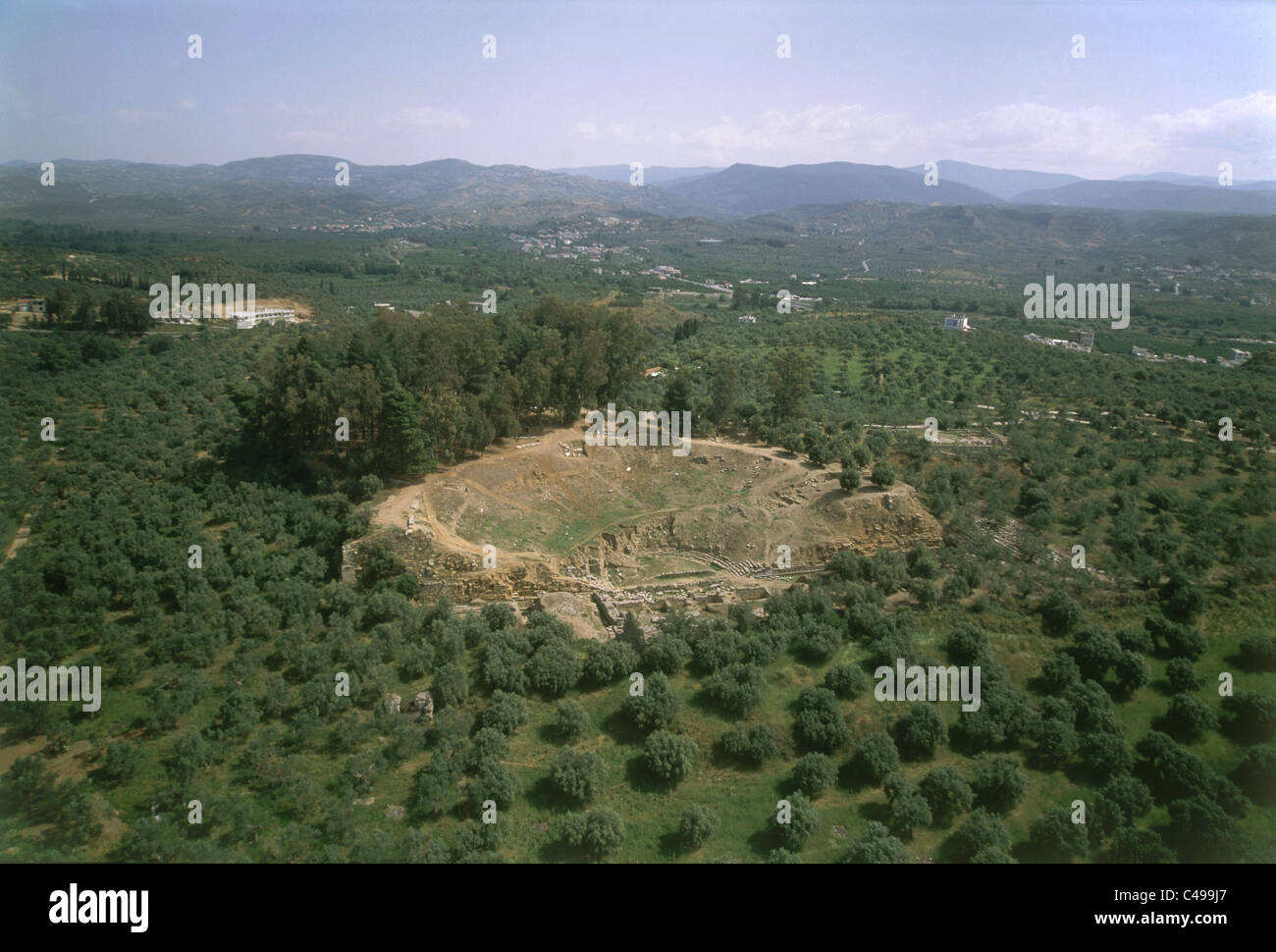 Photographie aérienne des ruines de la ville de Sparte mythologique Banque D'Images
