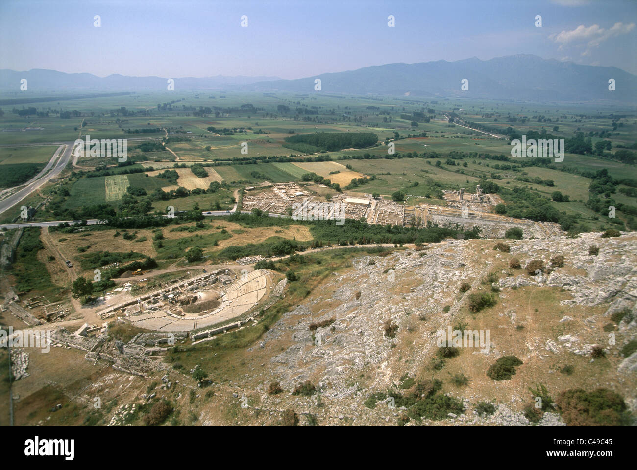 Photographie aérienne du ruines de l'ancienne ville grecque de Philppi Banque D'Images