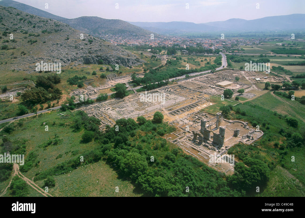 Photographie aérienne du ruines de l'ancienne ville grecque de Philppi Banque D'Images