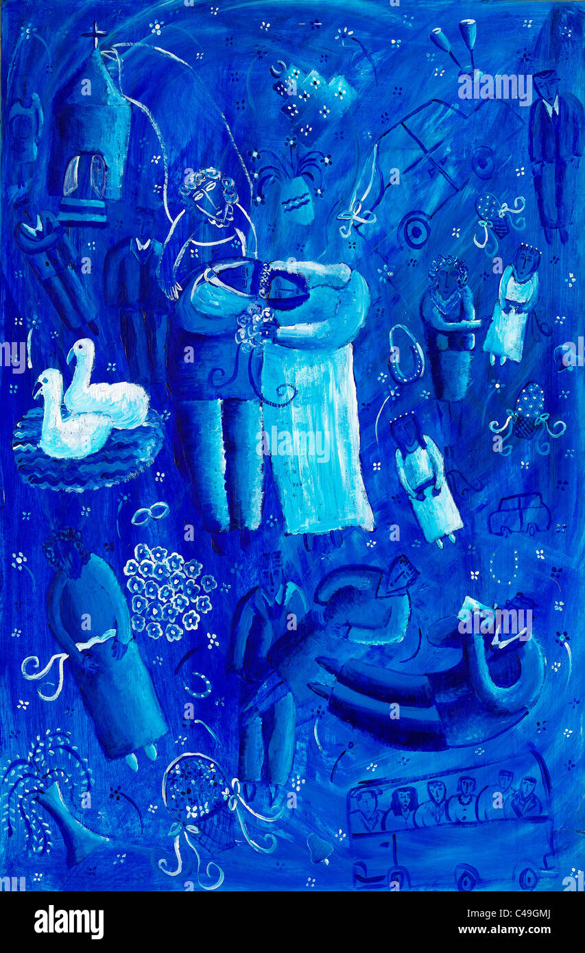 Peinture acrylique bleue et blanche sur l'amour et le mariage Banque D'Images Peinture acrylique bleue et blanche sur l'amour et le mariage Banque D'Images