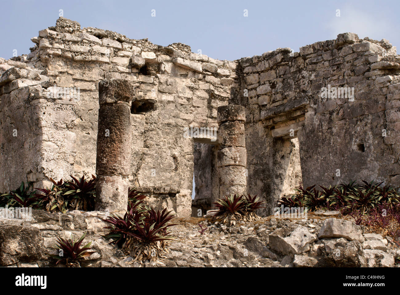 Temple de la colonnes en les ruines Maya de Tulum sur la Riviera Maya, Quintana Roo, Mexique Banque D'Images Temple de la colonnes en les ruines Maya de Tulum sur la Riviera Maya, Quintana Roo, Mexique Banque D'Images