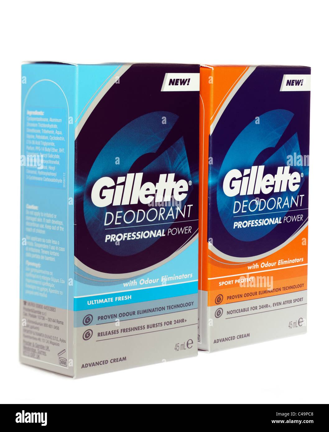Deux aisselles déodorant Gillette en boîte les distributeurs de crème fraîche ultime et Sport Banque D'Images