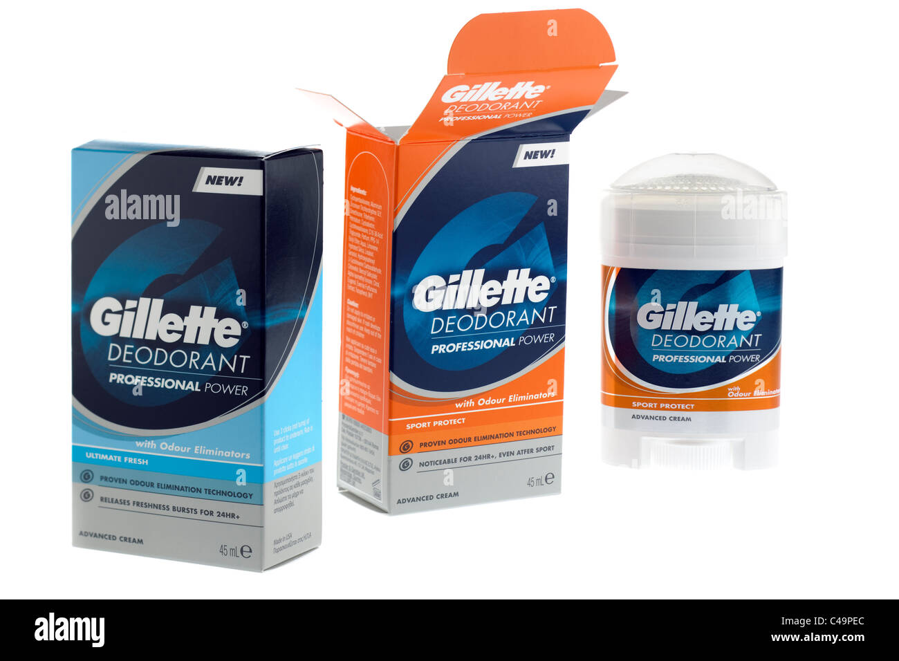 Deux 45 ml déodorant underarm Gillette en boîte de nouveaux distributeurs de crème fraîche ultime et Sport Banque D'Images