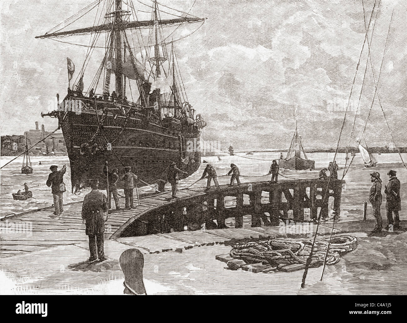 L'arrivée d'un bateau à vapeur à quais de Southampton, Hampshire, Angleterre à la fin du xixe siècle. Banque D'Images