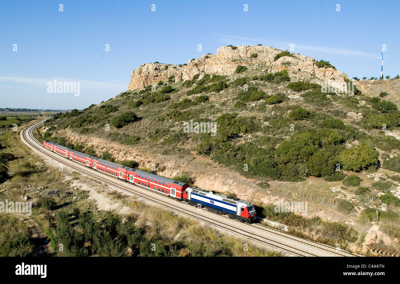 Photographie aérienne d'un train dans le Sharon Banque D'Images