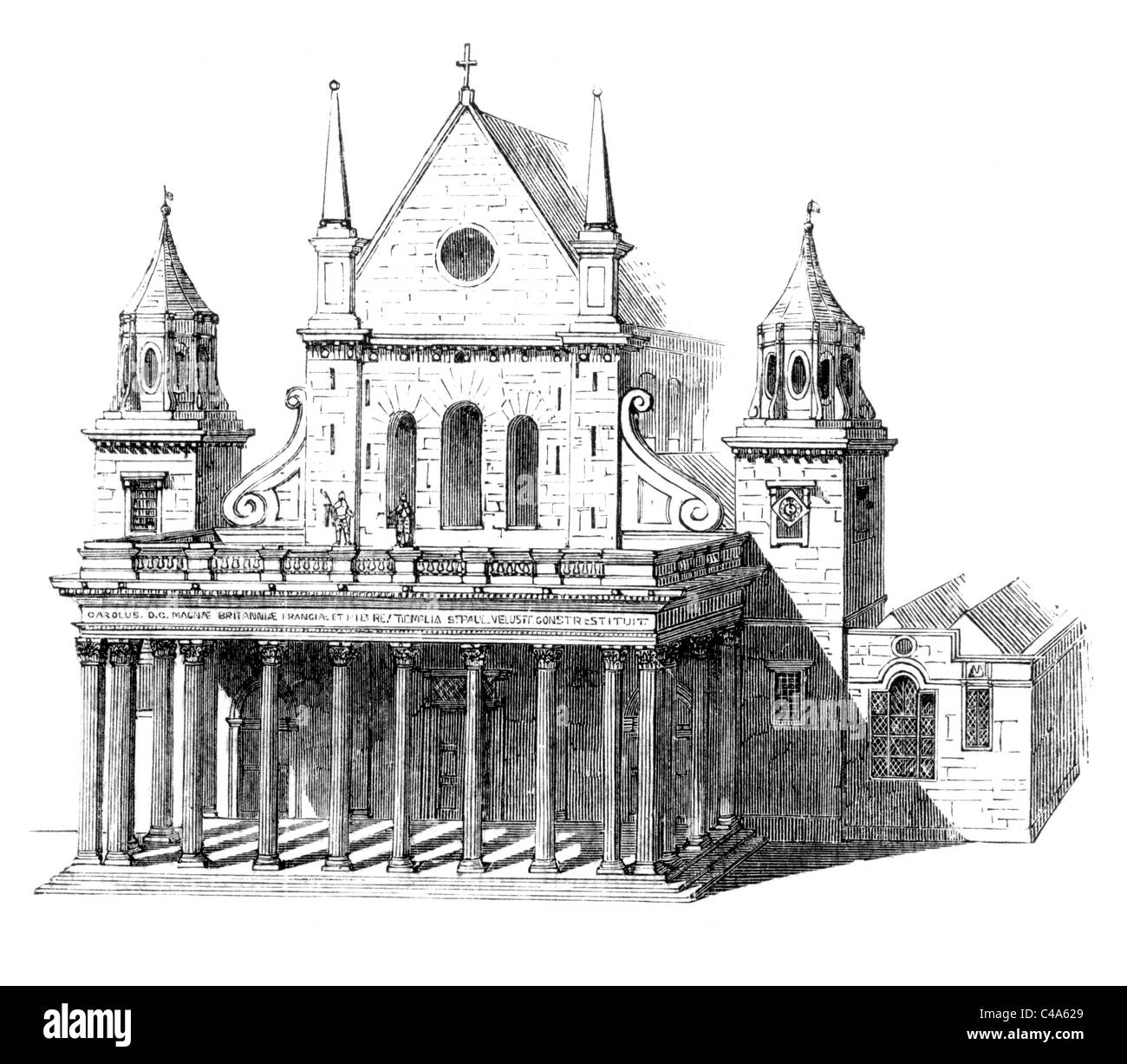 Inigo Jones' portique, extrémité ouest de l'ancienne Cathédrale St Paul, à Londres ; noir et blanc Illustration ; Banque D'Images