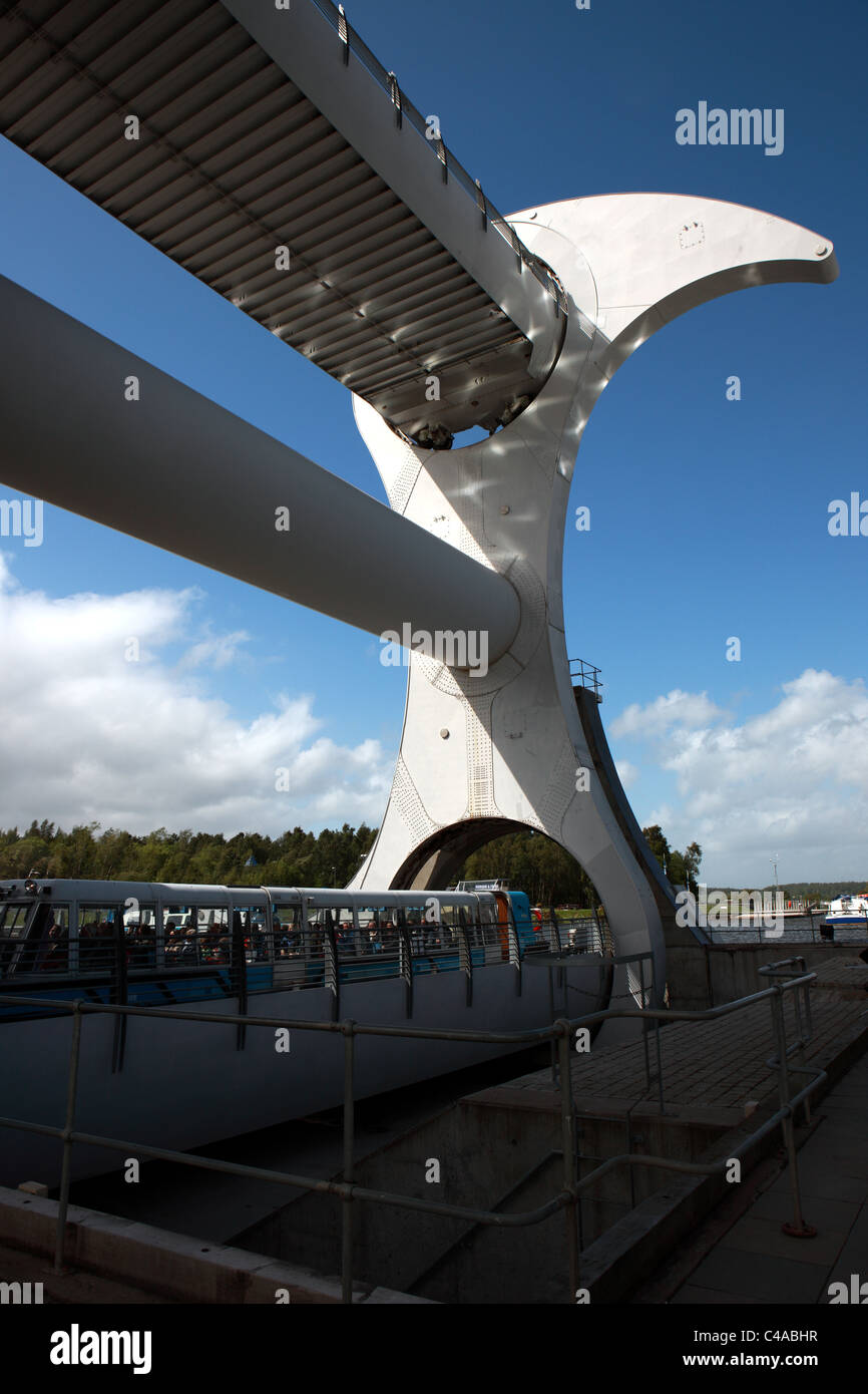 La rotation de la roue de Falkirk, ascenseur à bateaux remplis de passagers prêt à être tourné vers le haut Banque D'Images