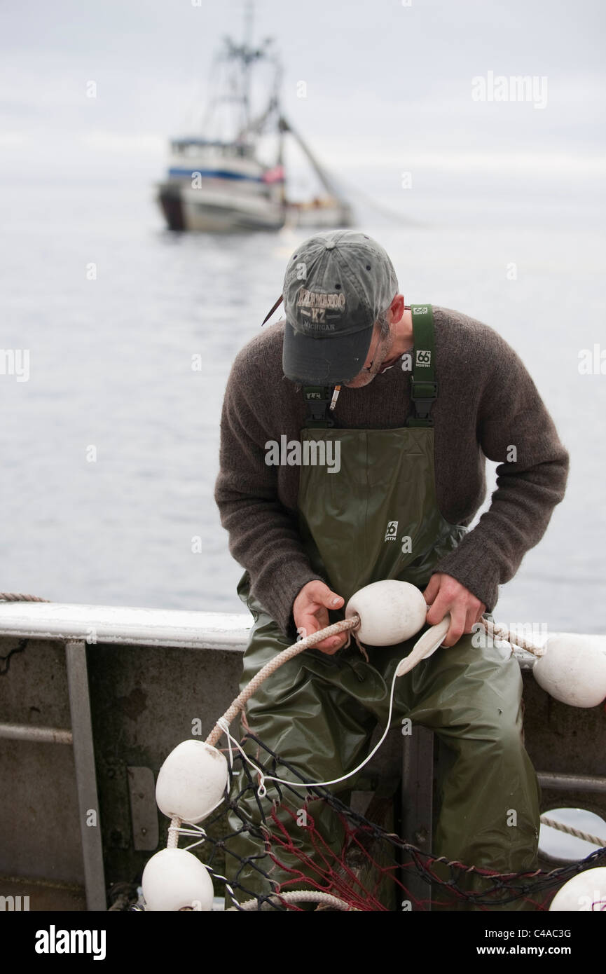 Prince William, en Alaska. Un pêcheur de saumon la couture d'un filet utilisé pour la capture de saumons roses. Banque D'Images
