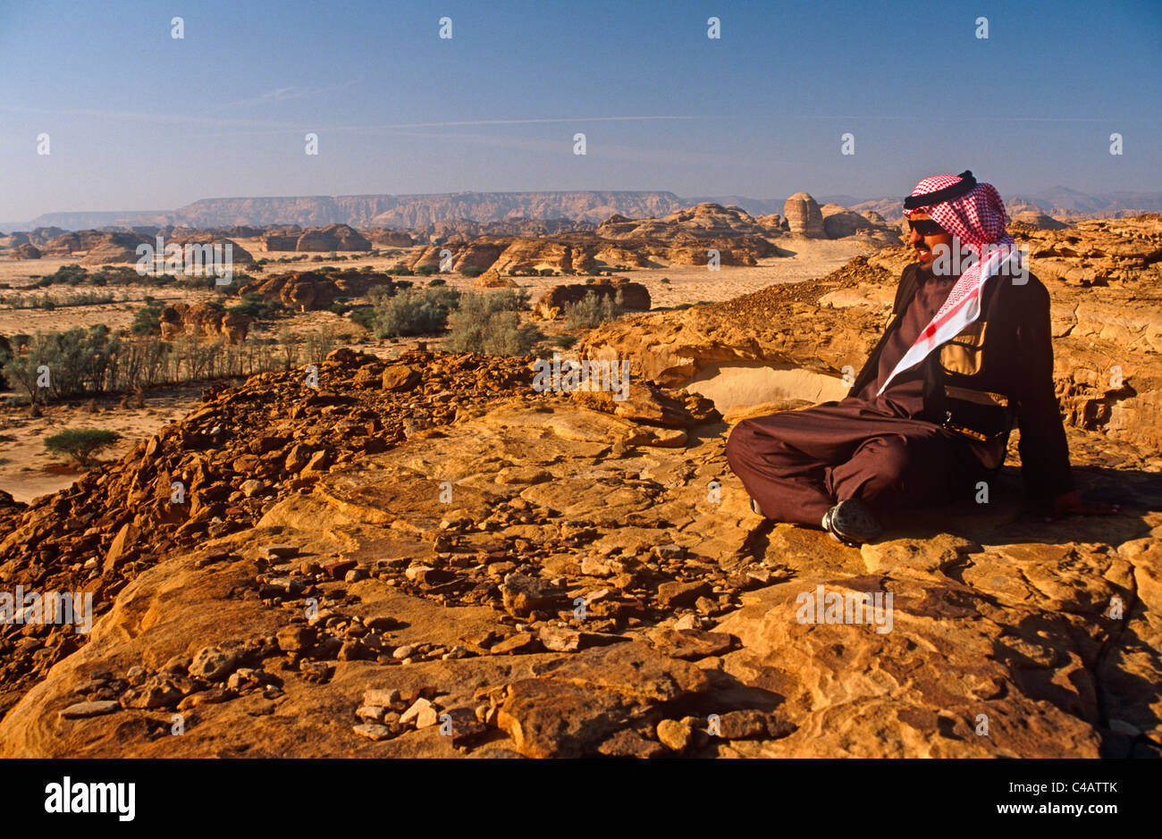 L'Arabie saoudite, Médine, nr. Madain Saleh, Al-Ula (aka Hegra). Un Saoudien en admirant les falaises et affleurements rocheux stark Banque D'Images