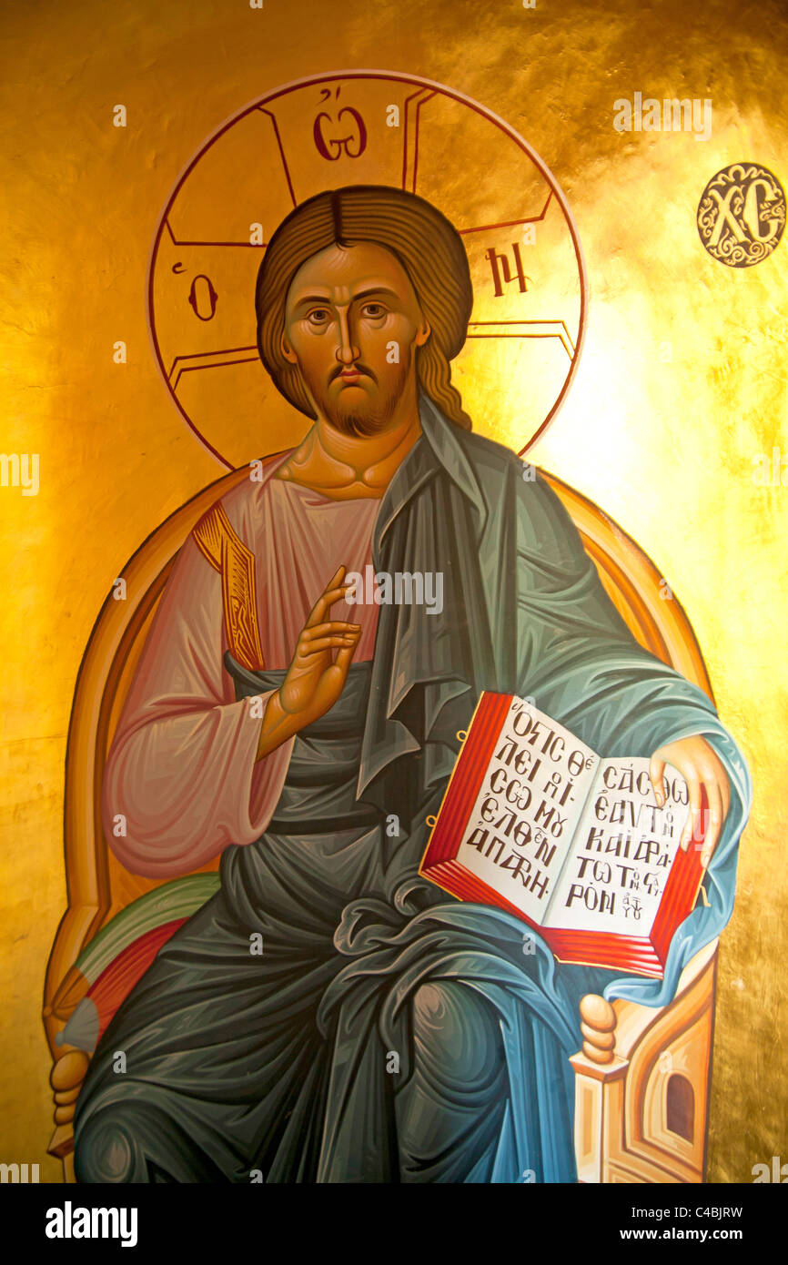 Peinture de Jésus au monastère Rousanou, partie de la complexe les météores des monastères orthodoxes, Thessalie, Grèce Banque D'Images