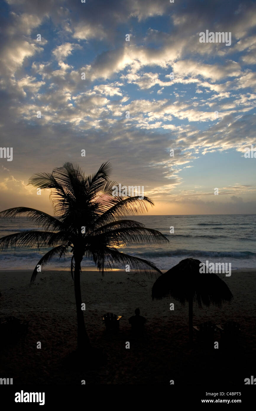 Le soleil se lève dans la Riviera Maya au large de la mer des Caraïbes à Tulum, Mexique, péninsule du Yucatan. Banque D'Images Le soleil se lève dans la Riviera Maya au large de la mer des Caraïbes à Tulum, Mexique, péninsule du Yucatan. Banque D'Images