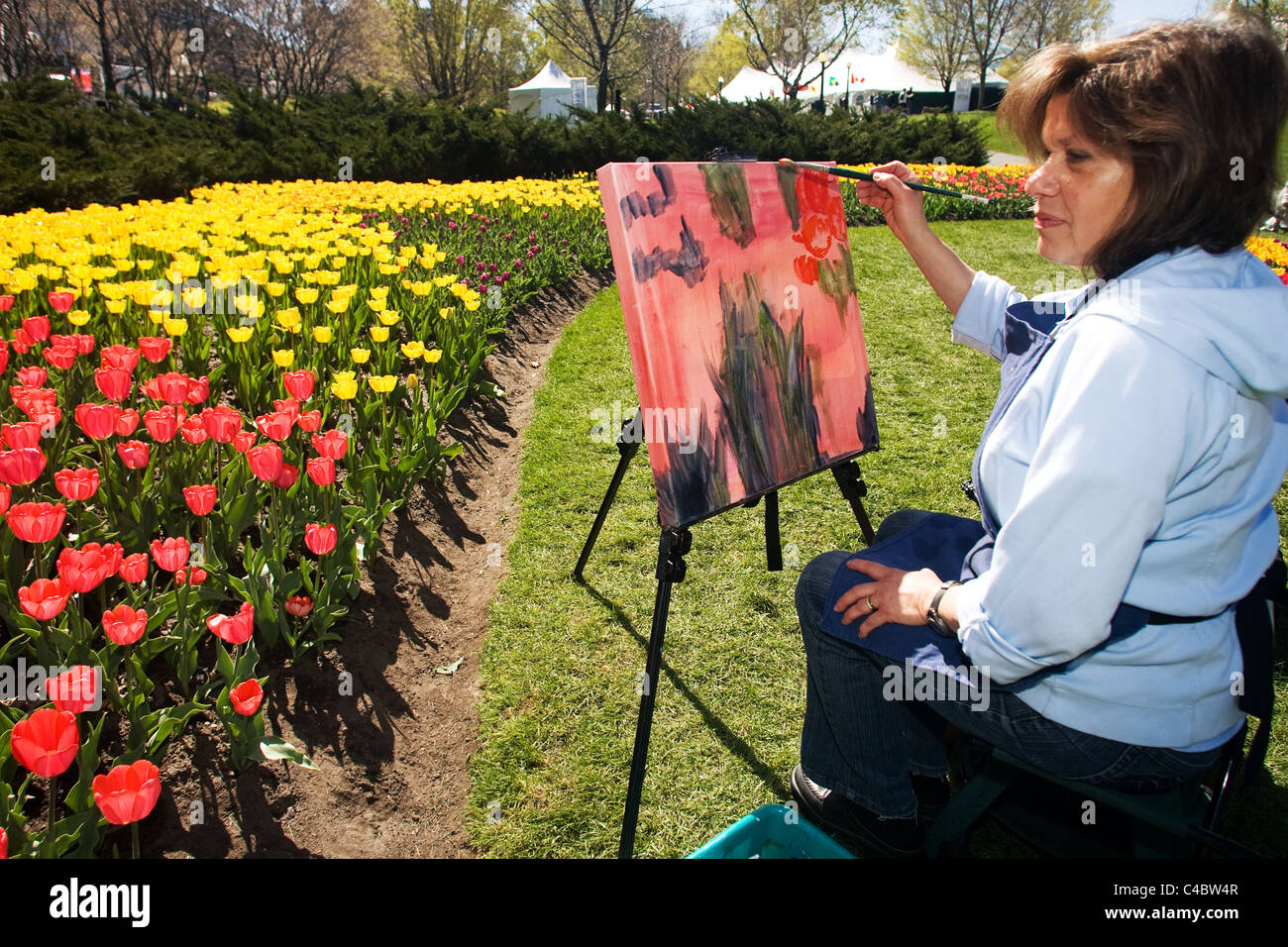 Mai 2011, l'artiste d'Ottawa Lina Yachnin travaille sur une peinture à l'huile au cours de la nationale 2011 Festival des tulipes à Ottawa Ontario Canada. Banque D'Images