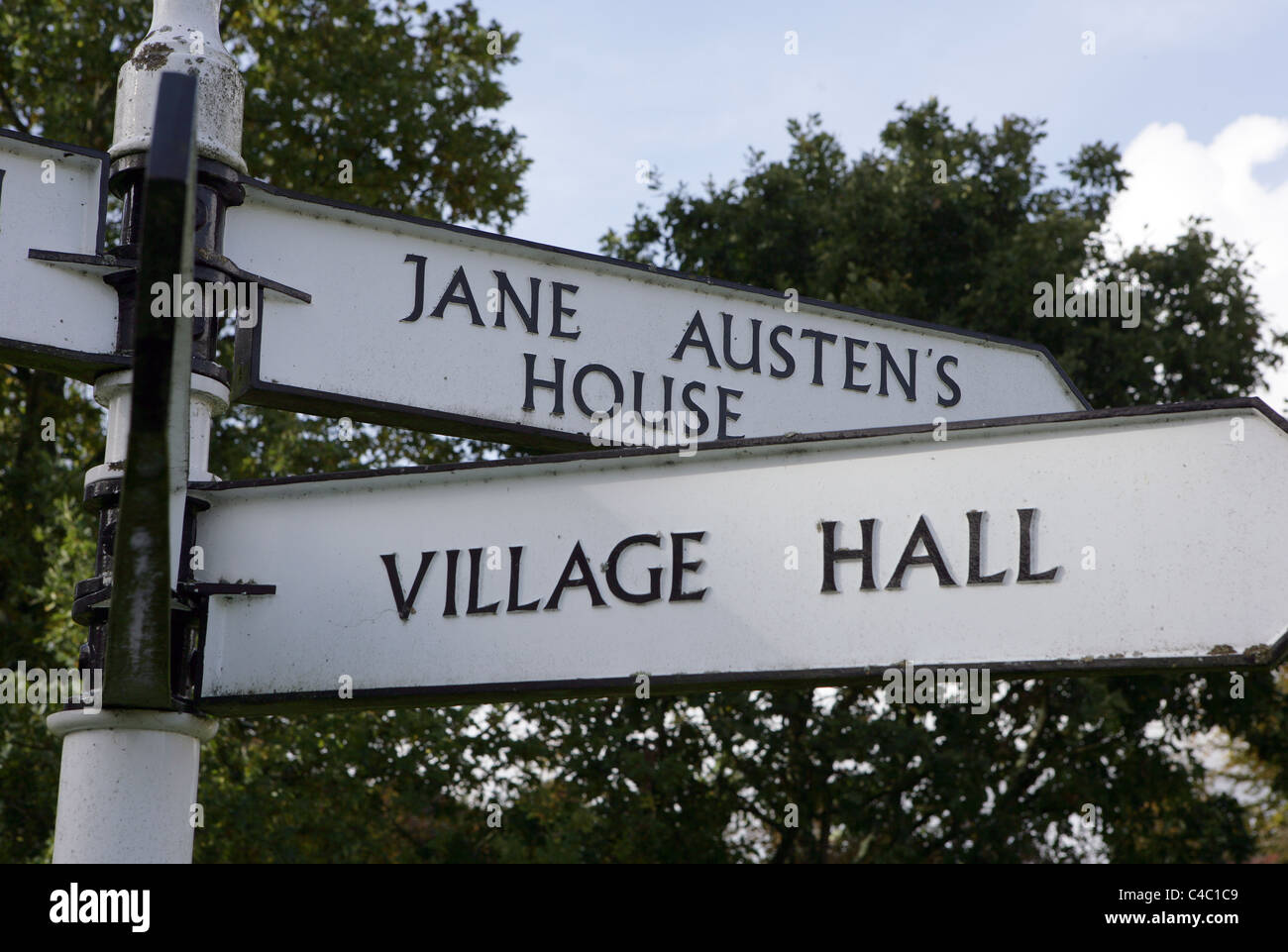 Panneau indiquant la maison de Jane Austen à chawton, dans le Hampshire, Royaume-Uni. Banque D'Images
