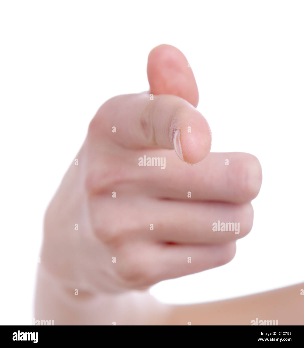 Femme main pointant du doigt sur un fond blanc. Banque D'Images