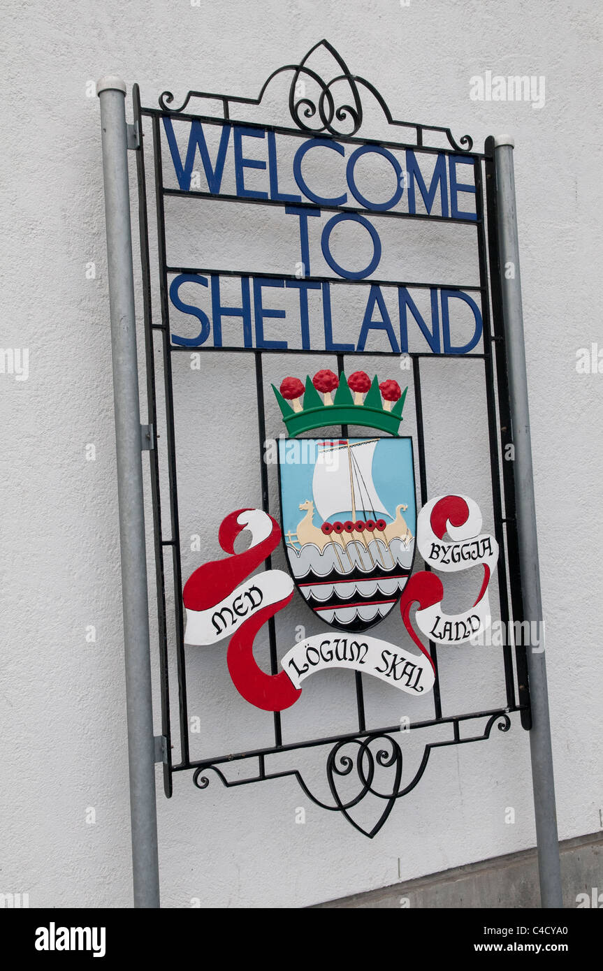 Bienvenue à Lerwick, Shetland signe, Shetland, Scotland, UK Banque D'Images