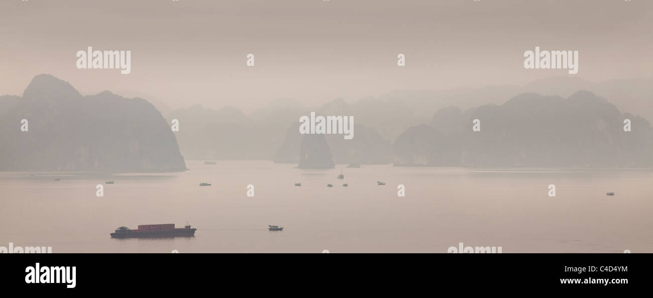 La baie d'Halong, Vietnam, tôt le matin, la brume envahit les îlots de calcaire Banque D'Images