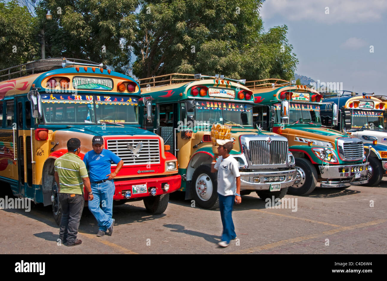 'Bus' guatémaltèque poulet pilotes attendent des passagers en parking bus. Banque D'Images