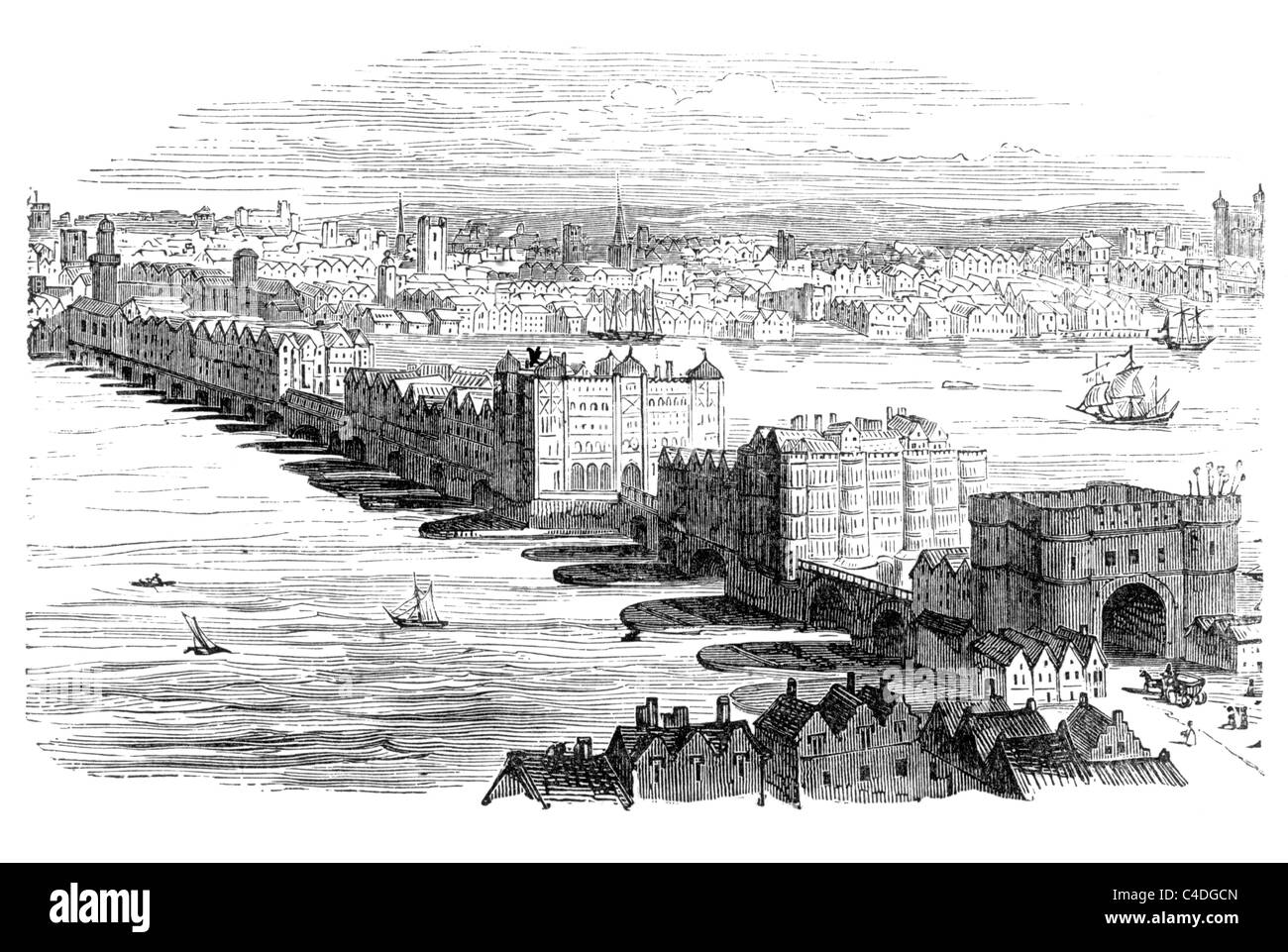 Vieux Pont de Londres avant le Grand Incendie de Londres en 1666 ; noir et blanc Illustration ; Banque D'Images