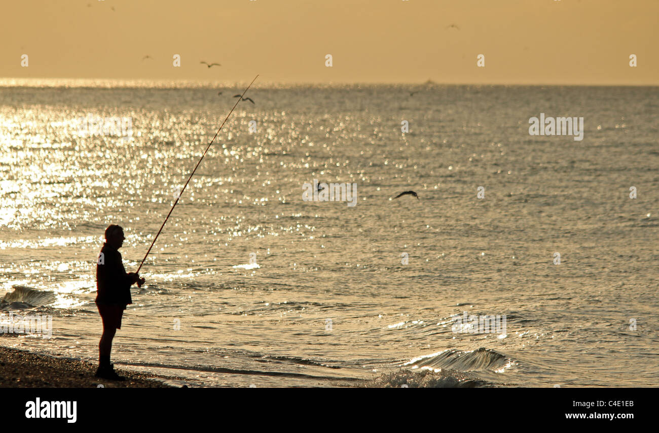Un pêcheur qui se profile par le coucher de soleil la pêche du maquereau alors que le travail des sternes tout autour de lui. Banque D'Images