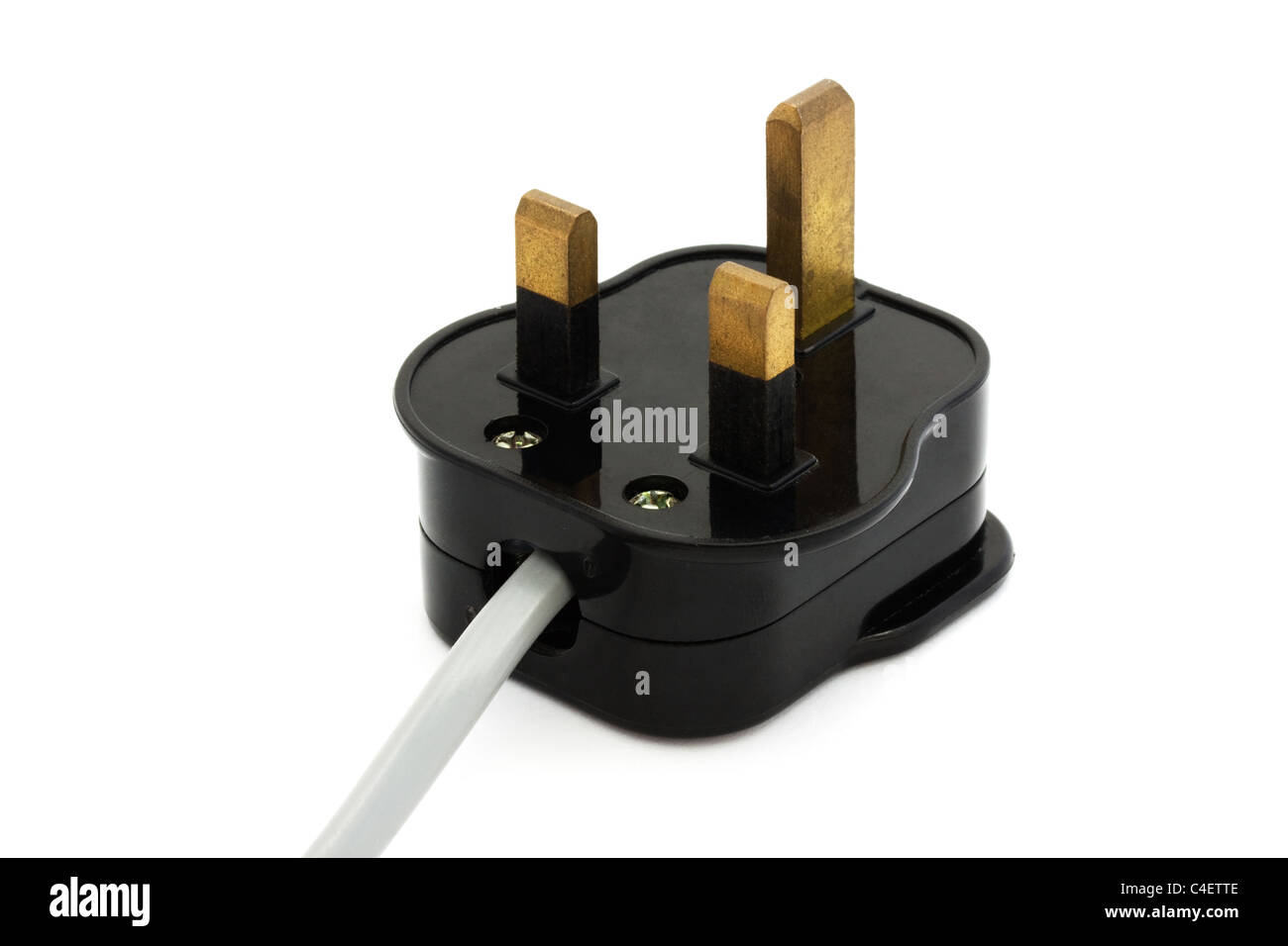 Prise UK noir avec un flex gris isolated over white Banque D'Images